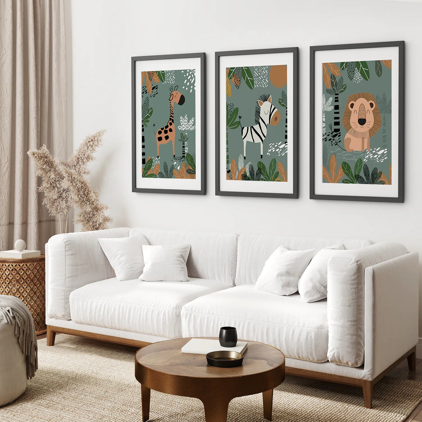 Cute Baby Lion Art Poster for Nursery. Black Frames with Mat Above the Sofa.