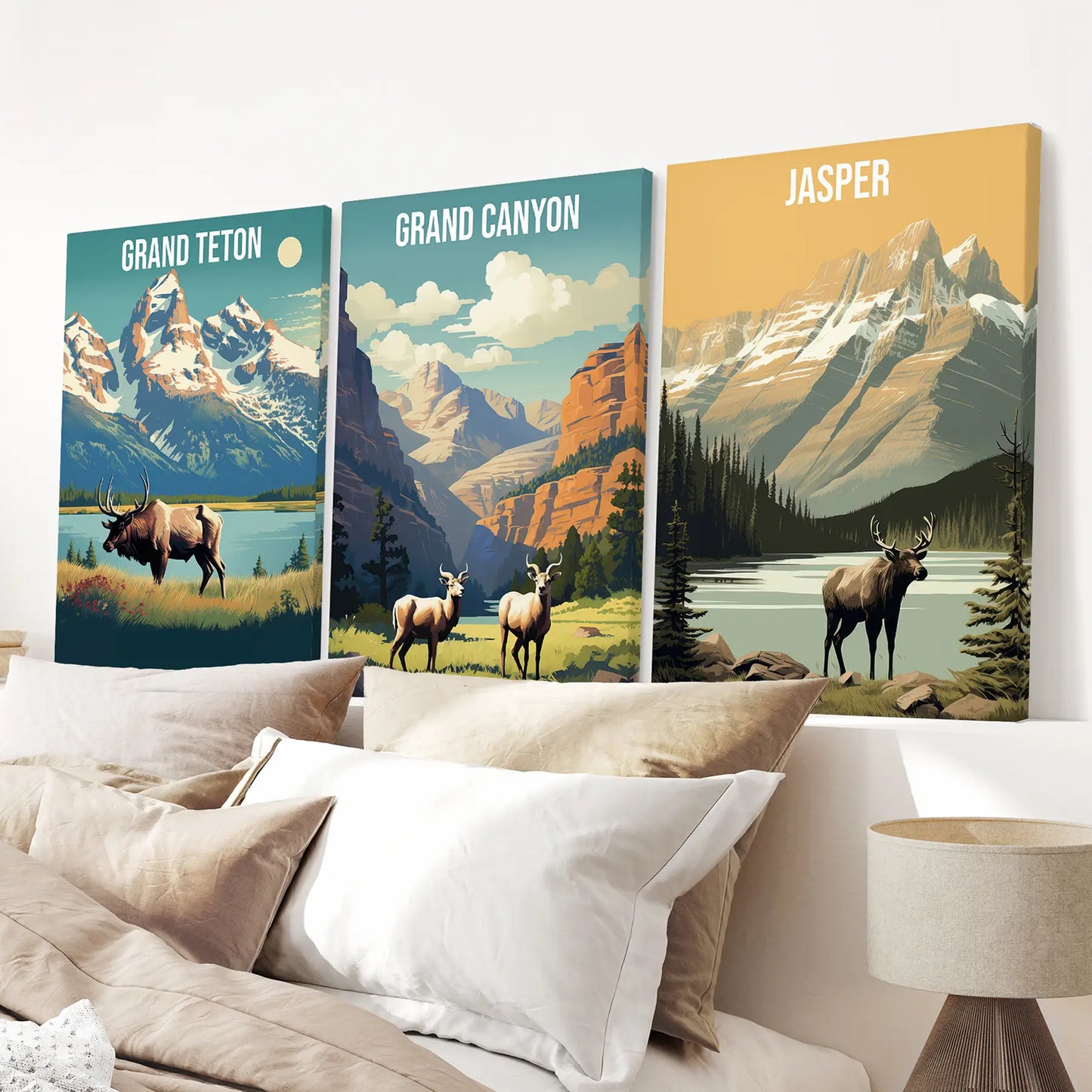 Three posters of Grand Teton, Grand Canyon, and Jasper. Large wall art print. Wrapped canvas for bedroom.