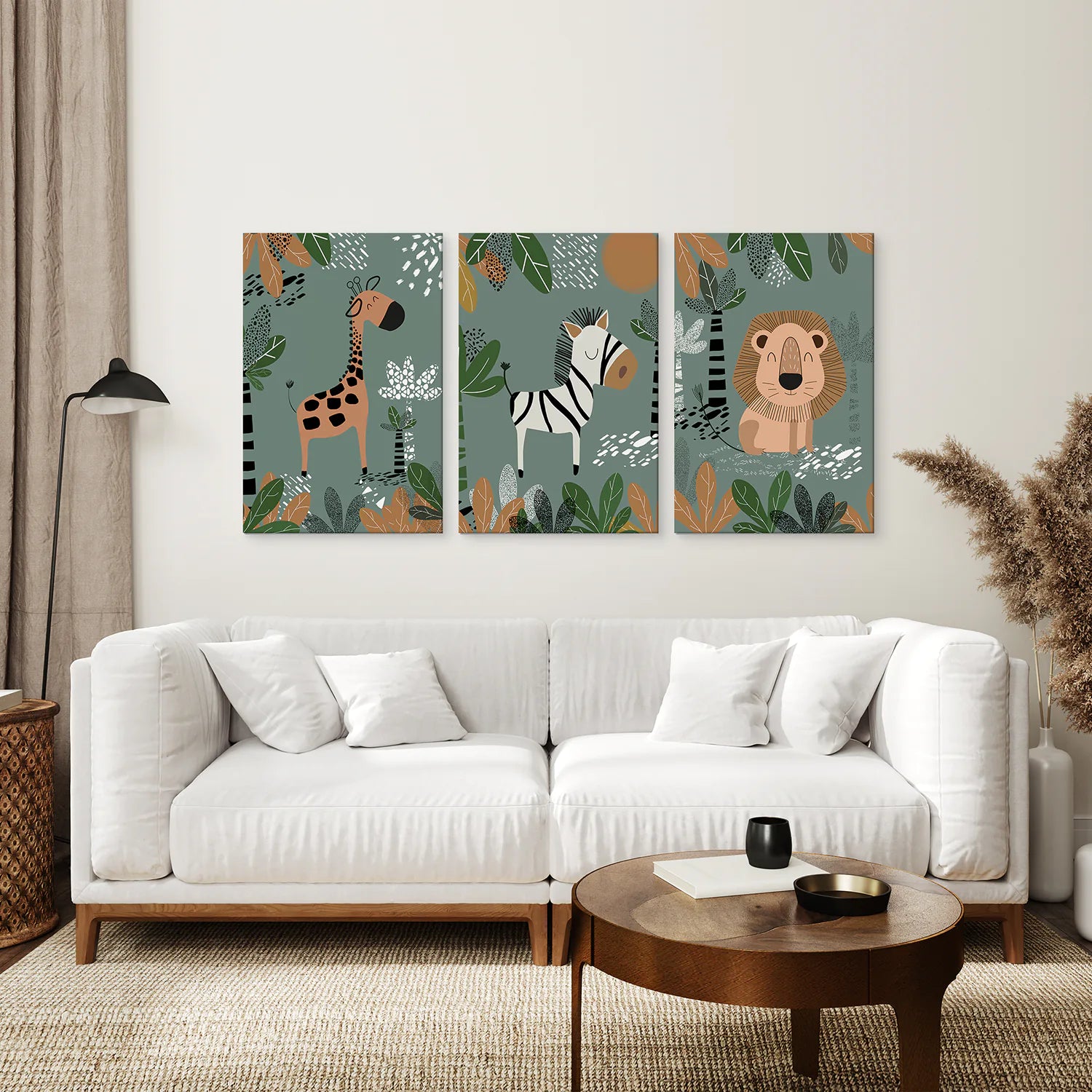 Set of 3 Prints Safari Art Decor. Stretched Canvas for Living Room.