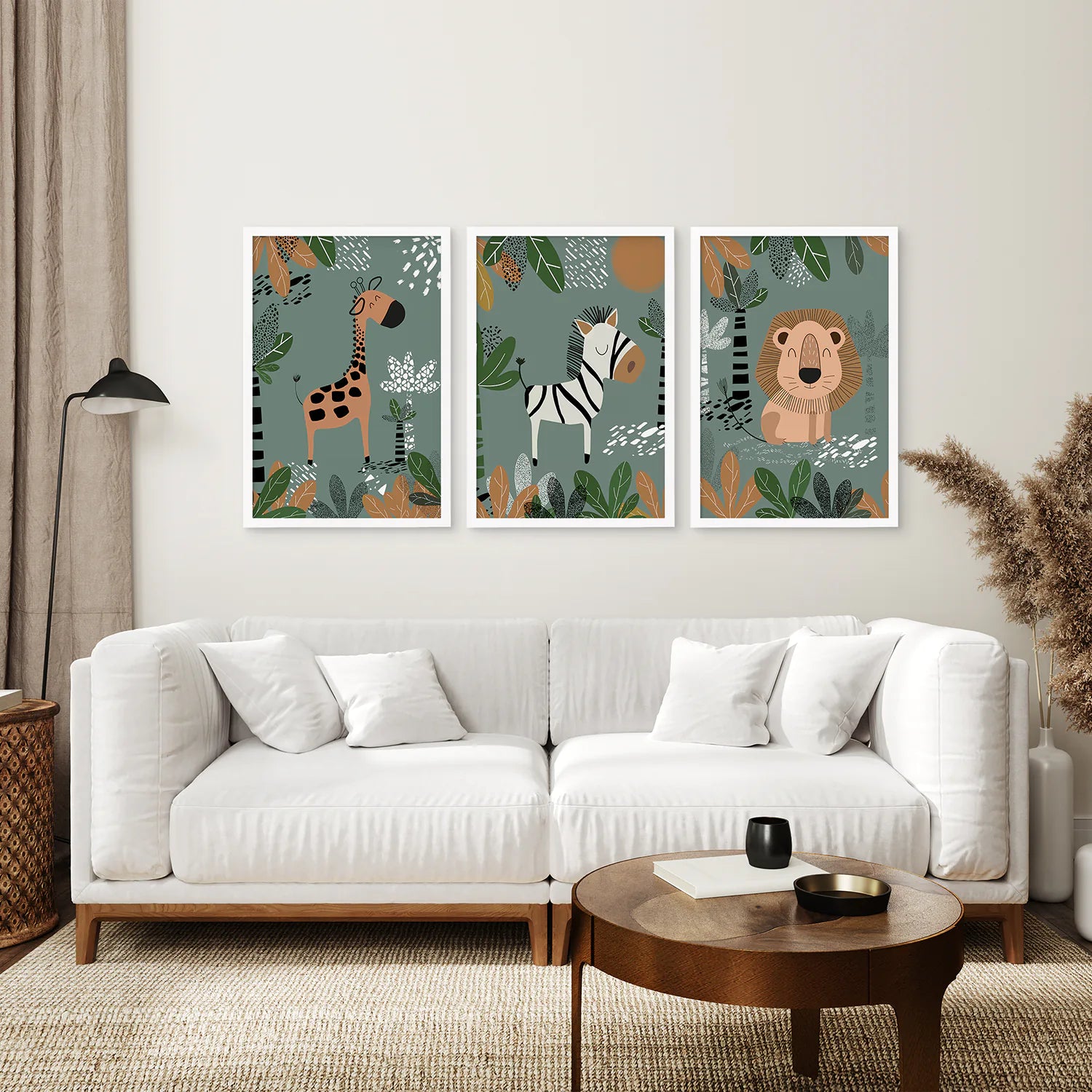 Nursery Wall Art Animals Decor. White Frames Over the Coach.