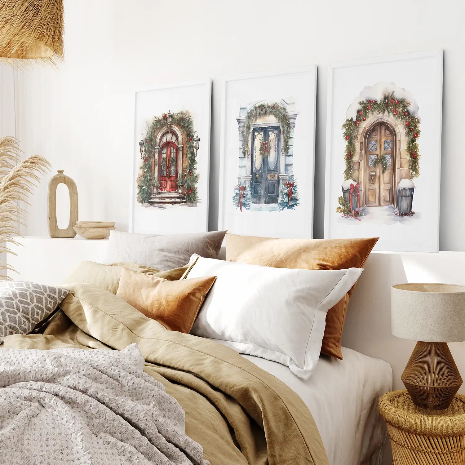 Snowy Xmas Scene Trendy Wall Art Posters. White Frames for Bedroom.