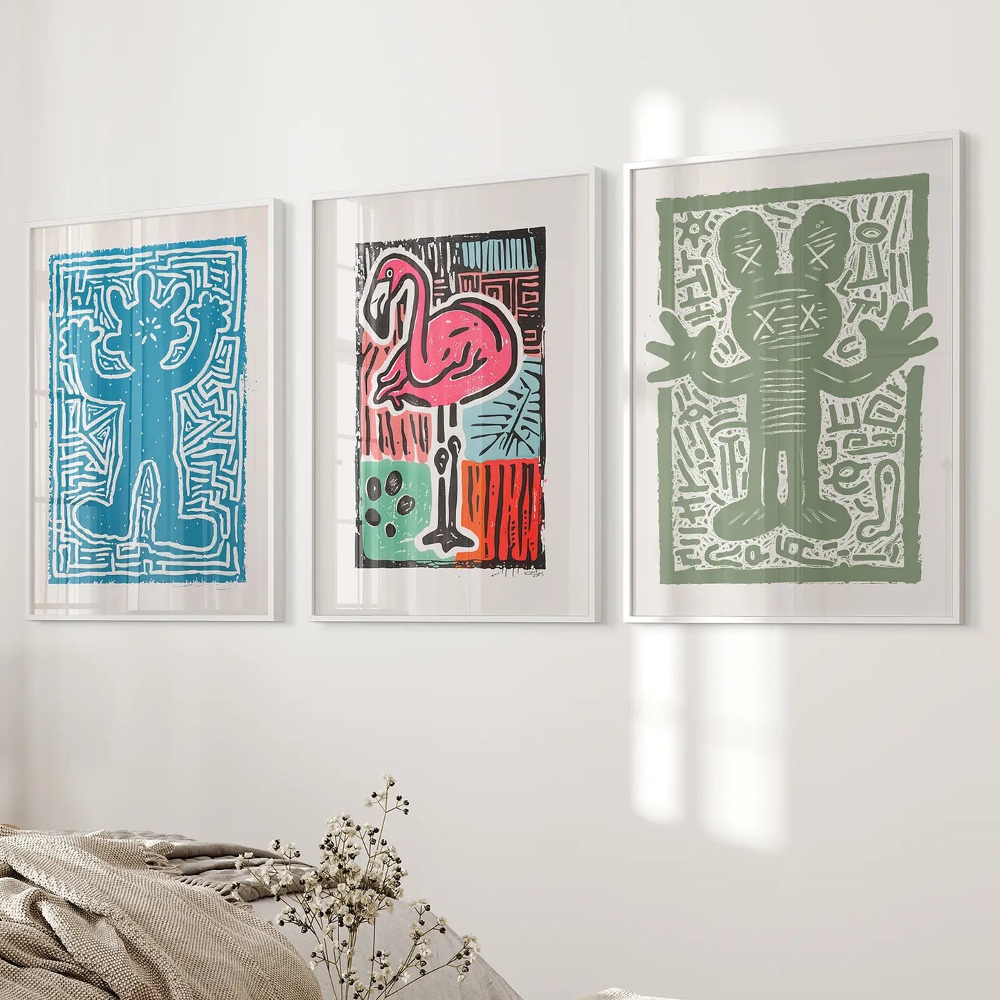 Y2K Aesthetic Printable Home Decor Prints. White Frames Over the Bed.