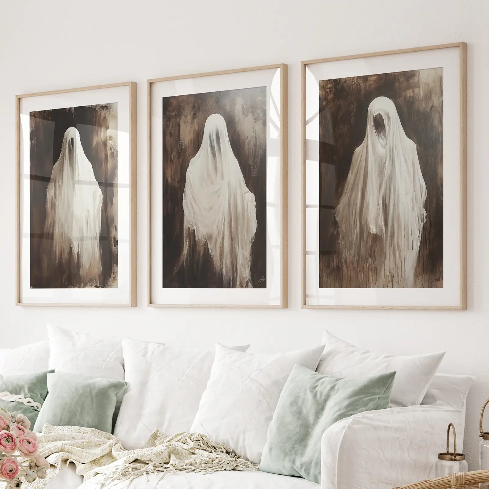 Set of 3 ghost prints with eerie spirits in flowing white sheets. Thinwood frames with mat over the couch.