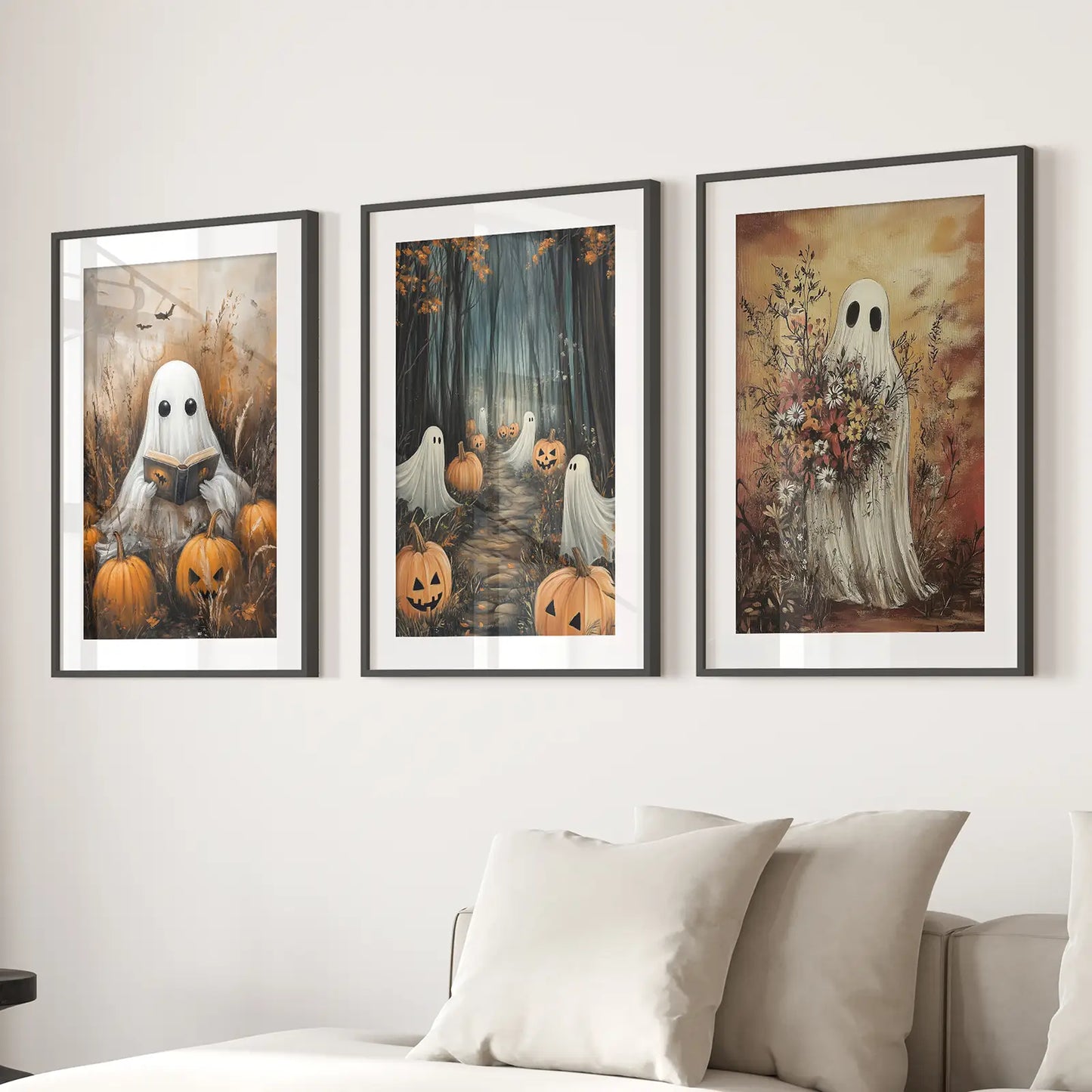 Ghost Dark Academia Decor Print Art Set. Black Frames with Mat Over the Couch.