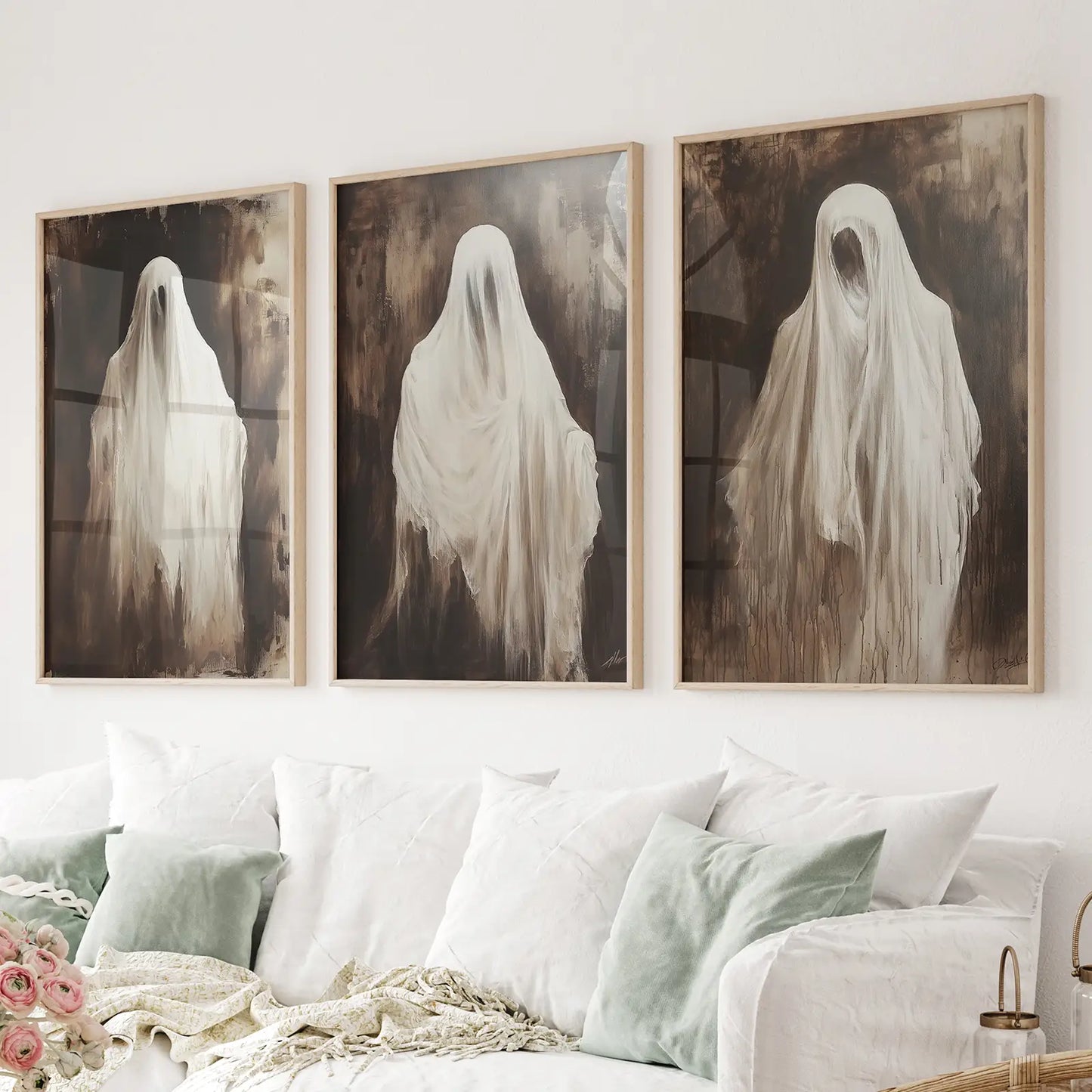 Halloween ghost wall decor trio of spooky gothic art posterst. Thinwood frames for living room.