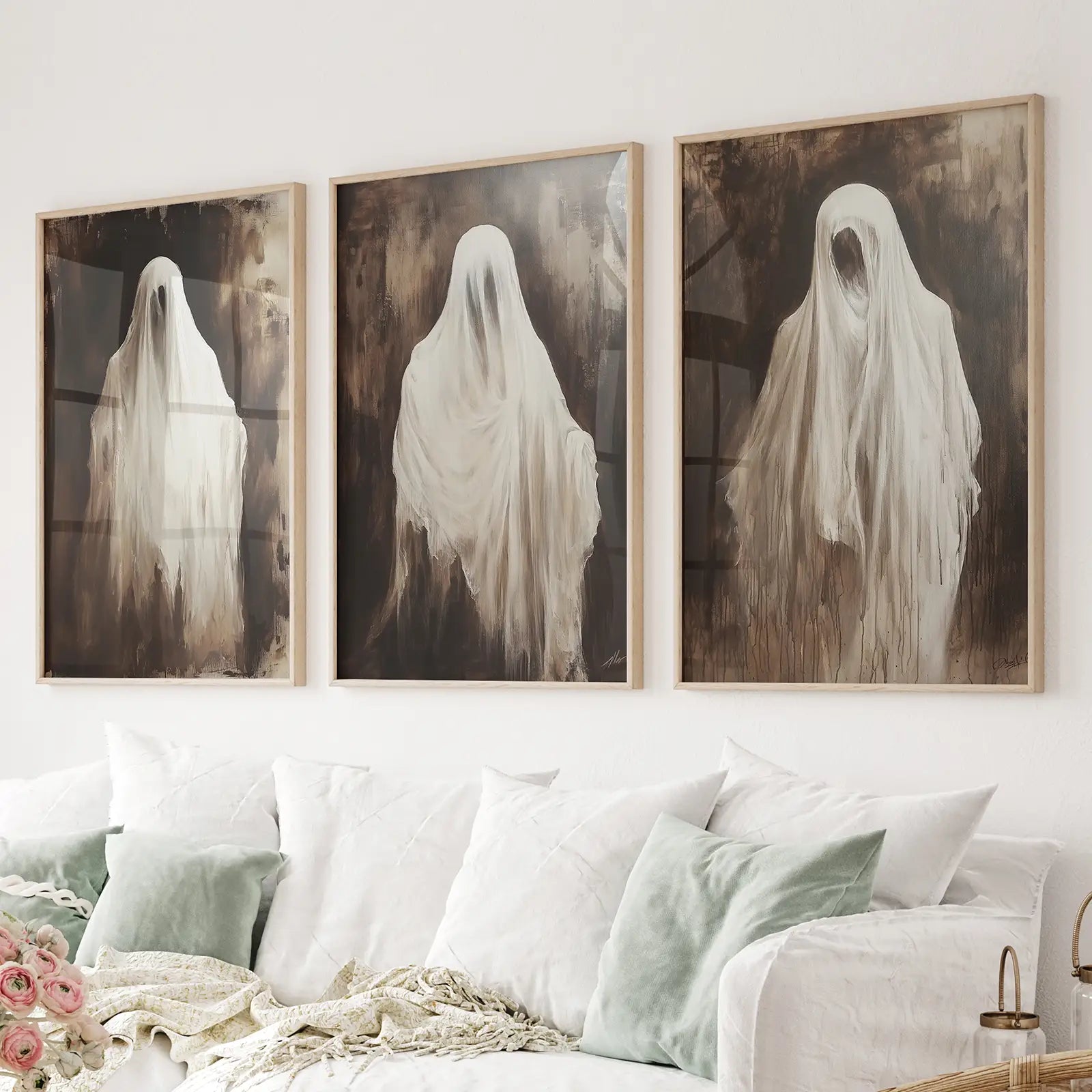 Halloween ghost wall decor trio of spooky gothic art posterst. Thinwood frames for living room.
