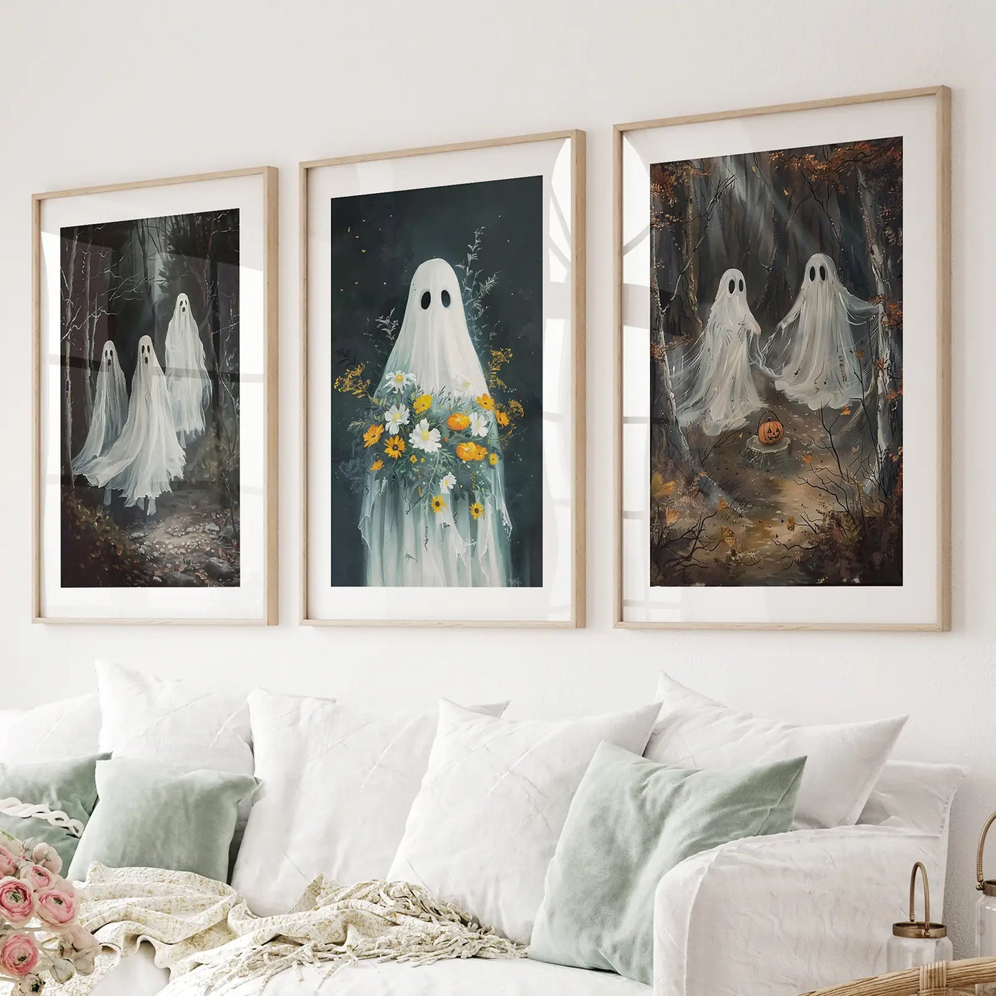 Gothic Spirits Wall Art Apartment Decor Set. Thinwood Frames with Mat Over the Couch.