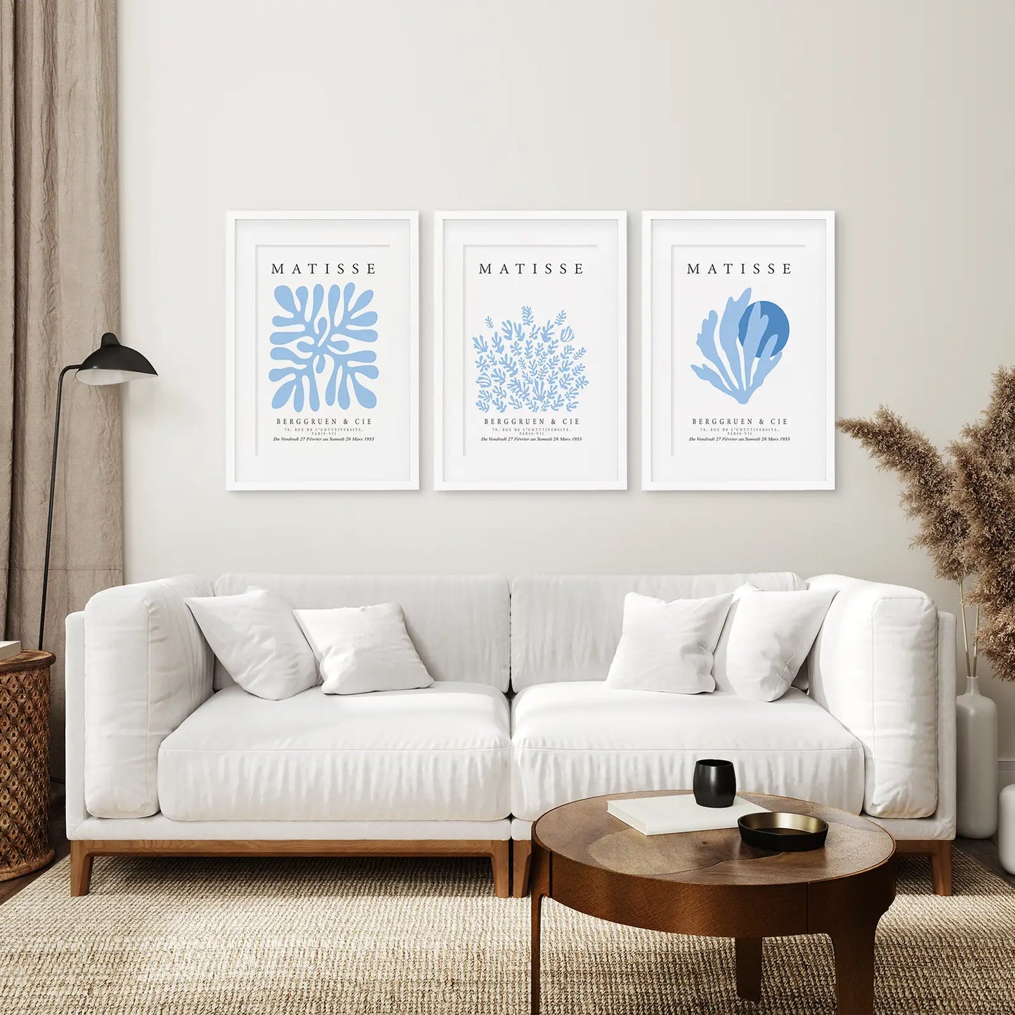 Modern Wall Art Prints Living Room Decor. White Frames with Mat Above the Sofa.
