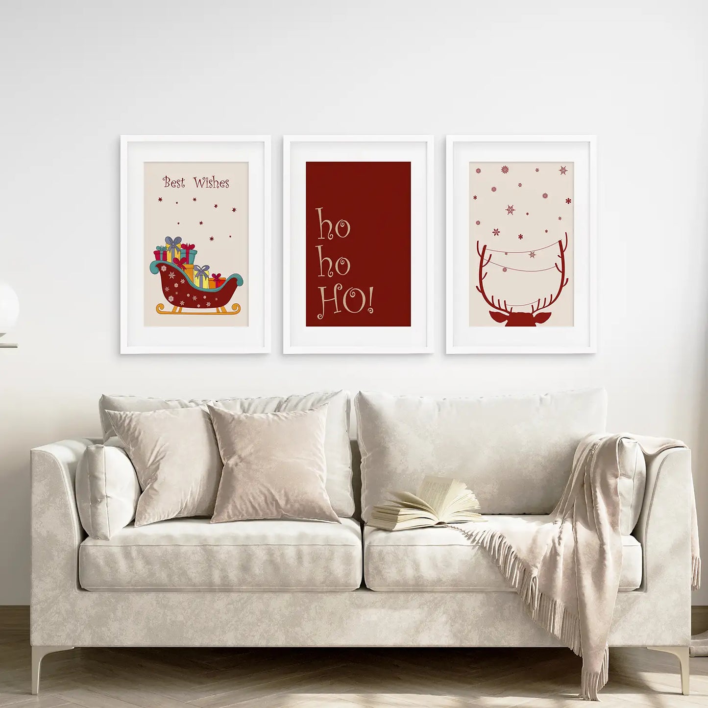 Christmas Decorations Print Poster Set. White Frames with Mat for Living Room.