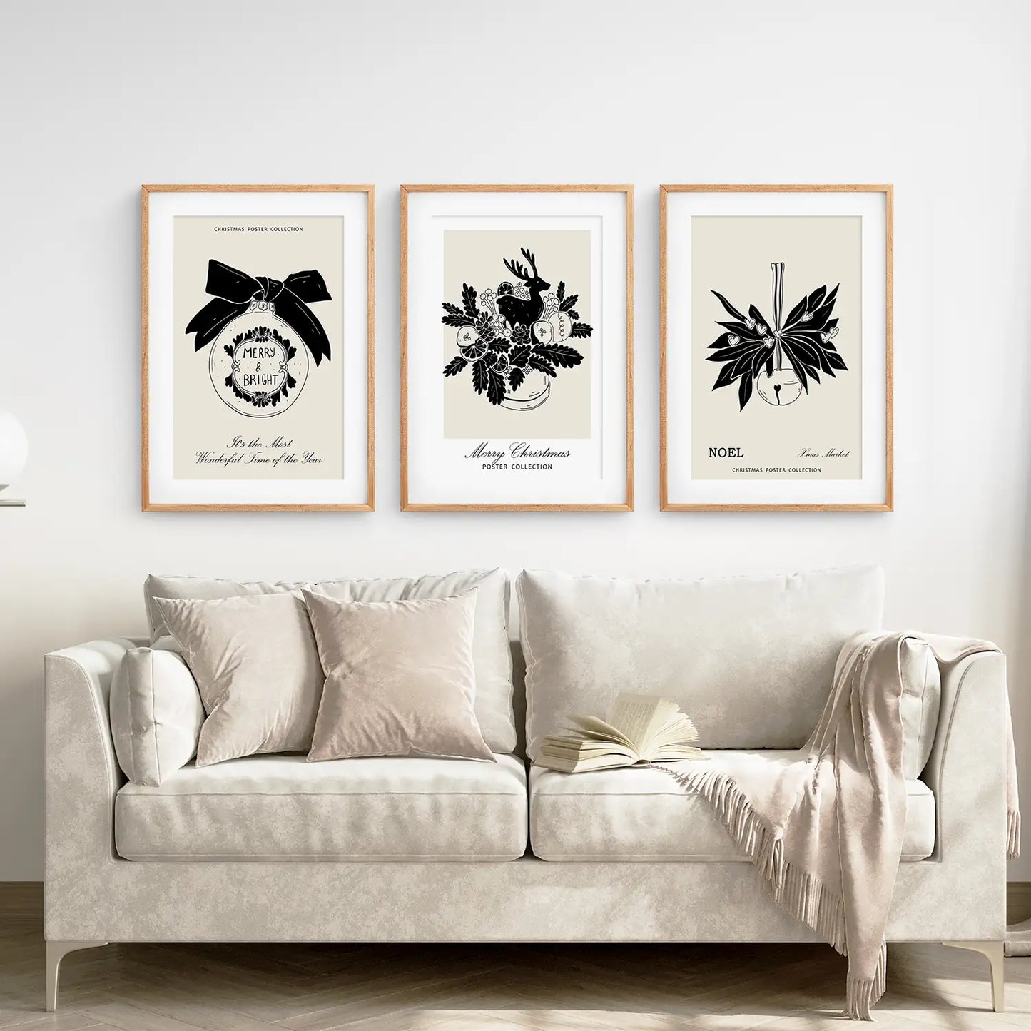 Vintage Christmas Wall Art Set. Holiday Prints. Thin Wood Frames with Mat Above the Sofa.