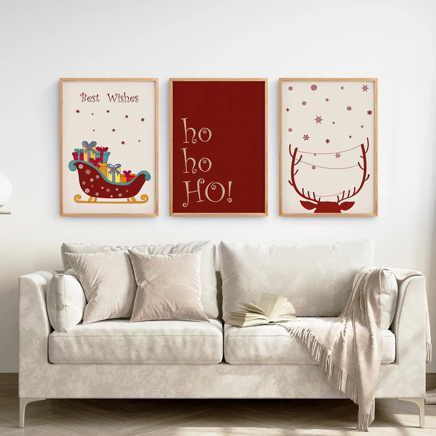 Christmas Trendy Art Poster Set of 3. Thin Wood Frames for Living Room.