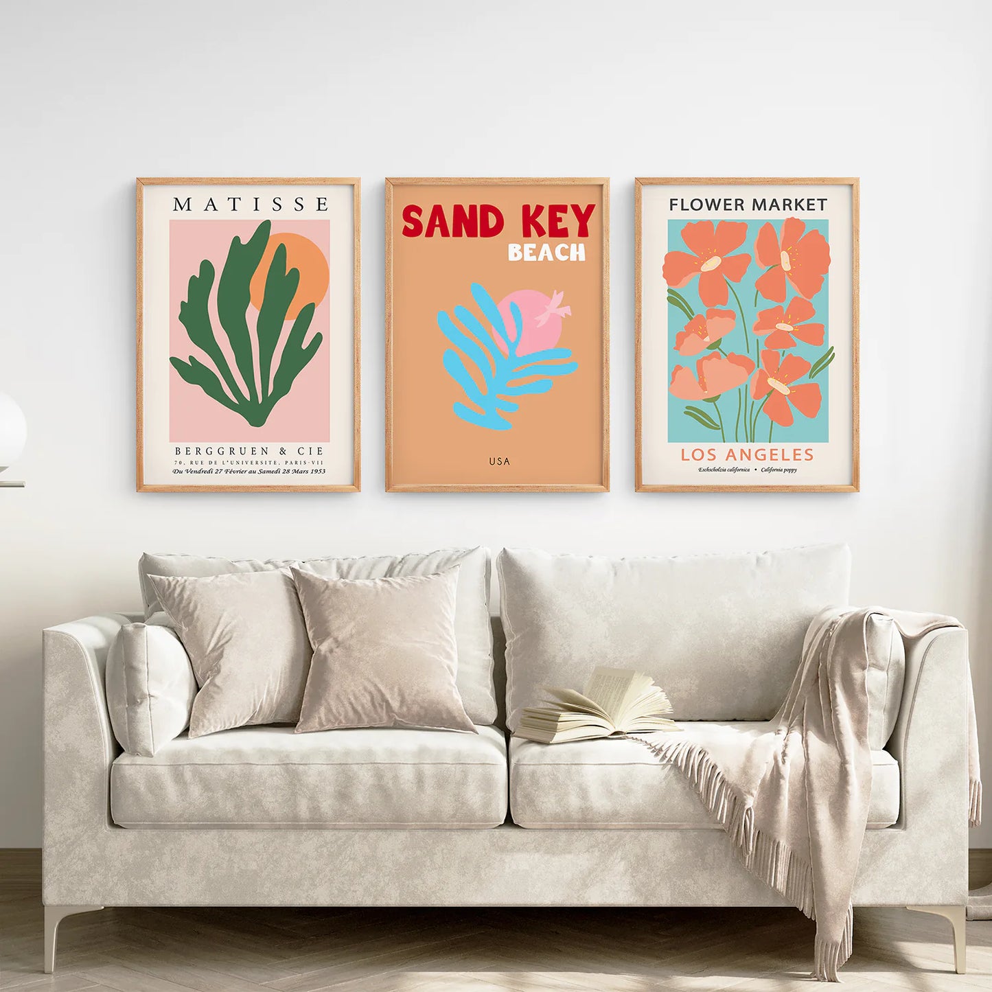 Colorful Sand Key Beach Home Decor Prints Art Set. Thin Wood Frames for Living Room.