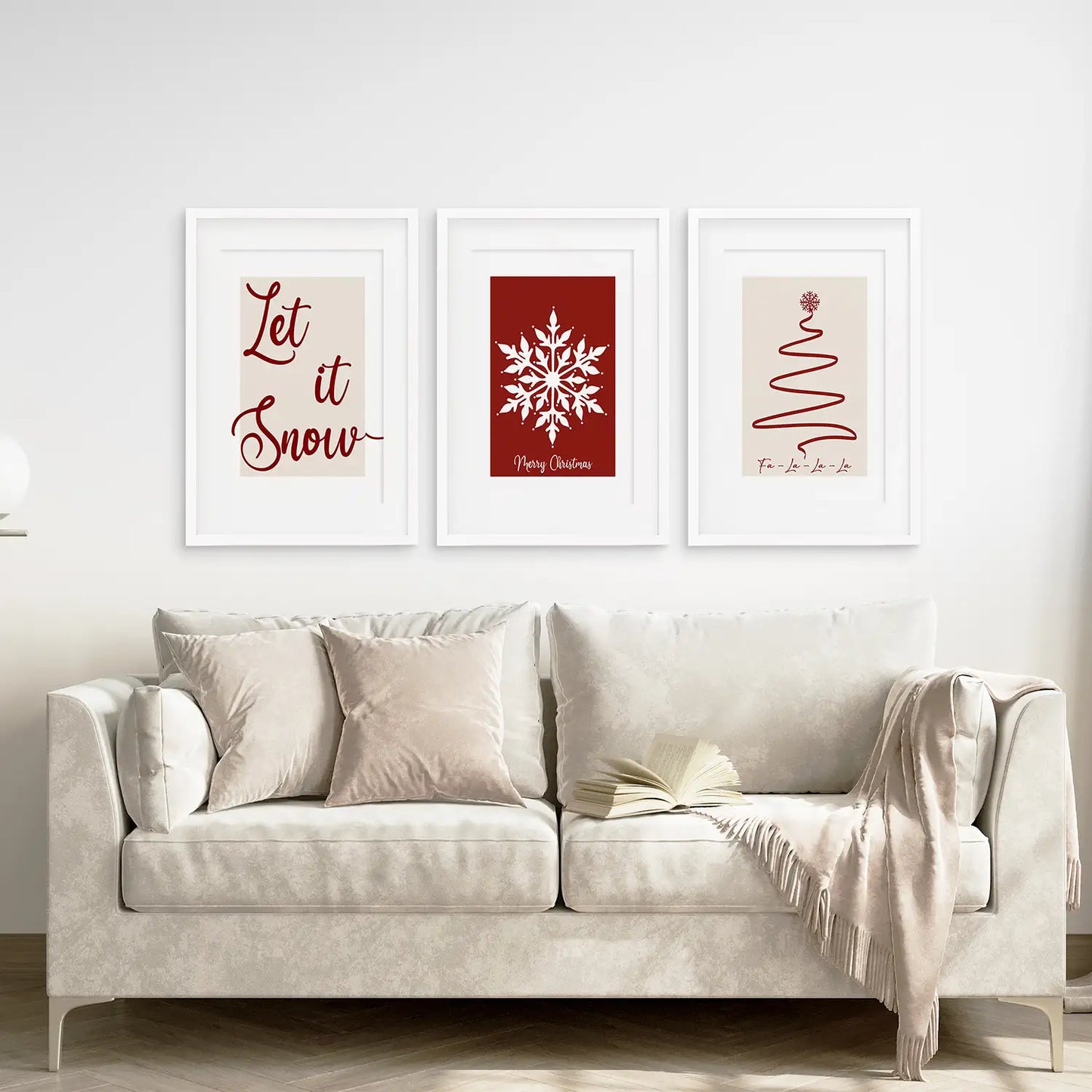 Trendy Minimalist Xmas Set of 3 Prints. White Frames with Mat Above the Sofa.