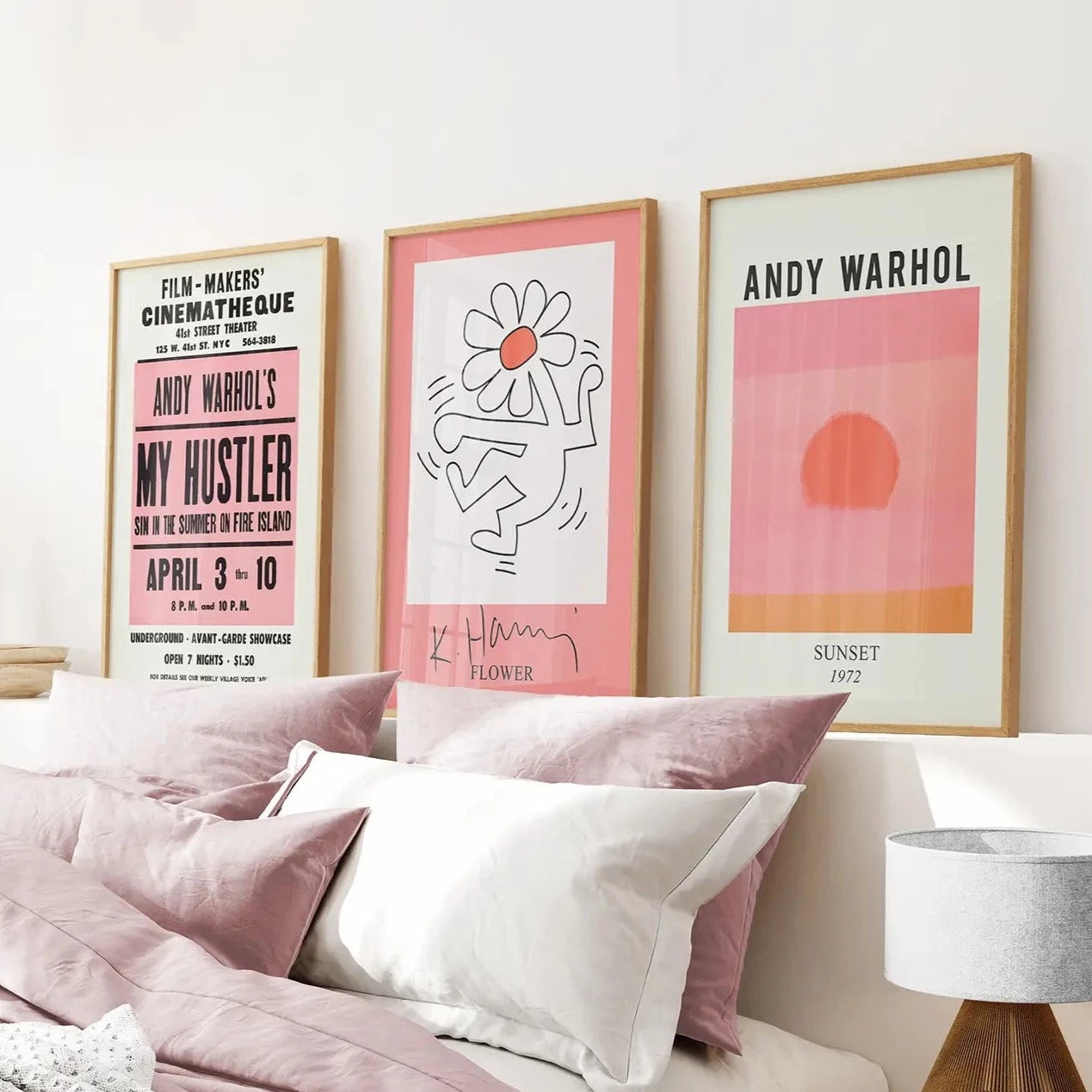 Wall Art Colorful Modern Decor Set of 3 Prints. Thinwood Frames Over the Bed.