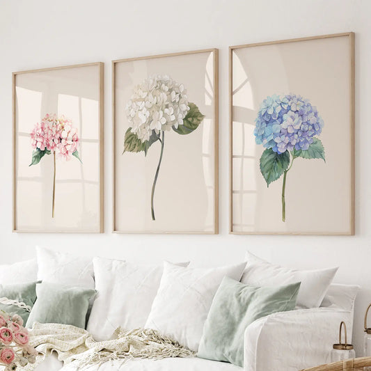 Pink white and blue hydrangea wall art set of 3 botanical prints. Thinwood frames above the sofa.