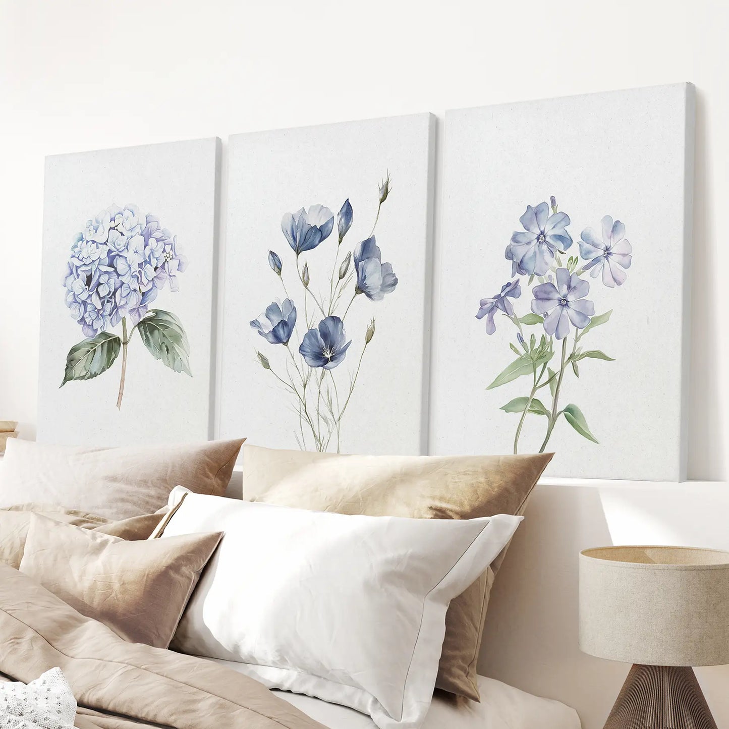 Botanical watercolor flowers poster, apartment modern decor. Wrapped canvas for bedroom.