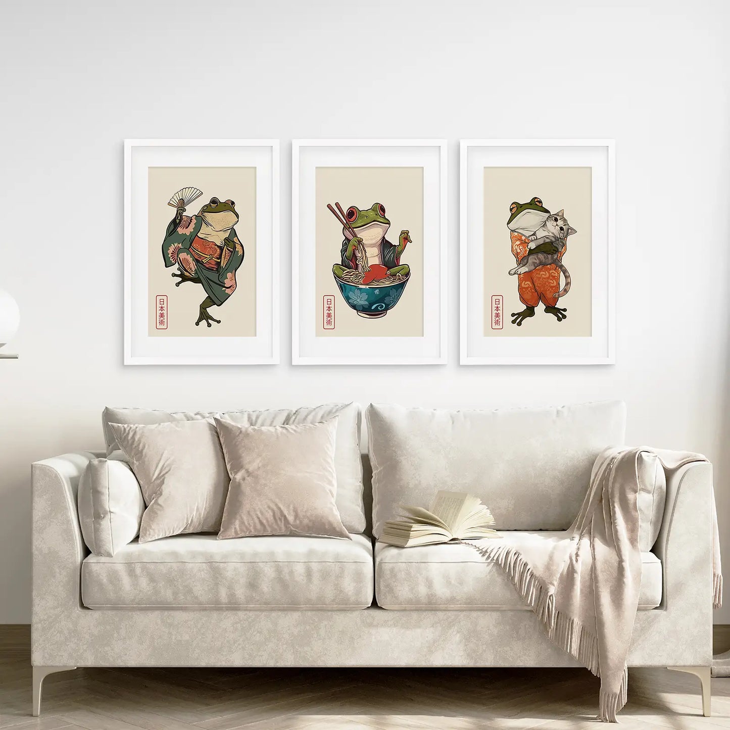 Animal Wall Art Modern Decor Large Print Set. White Frames with Mat Above the Sofa.