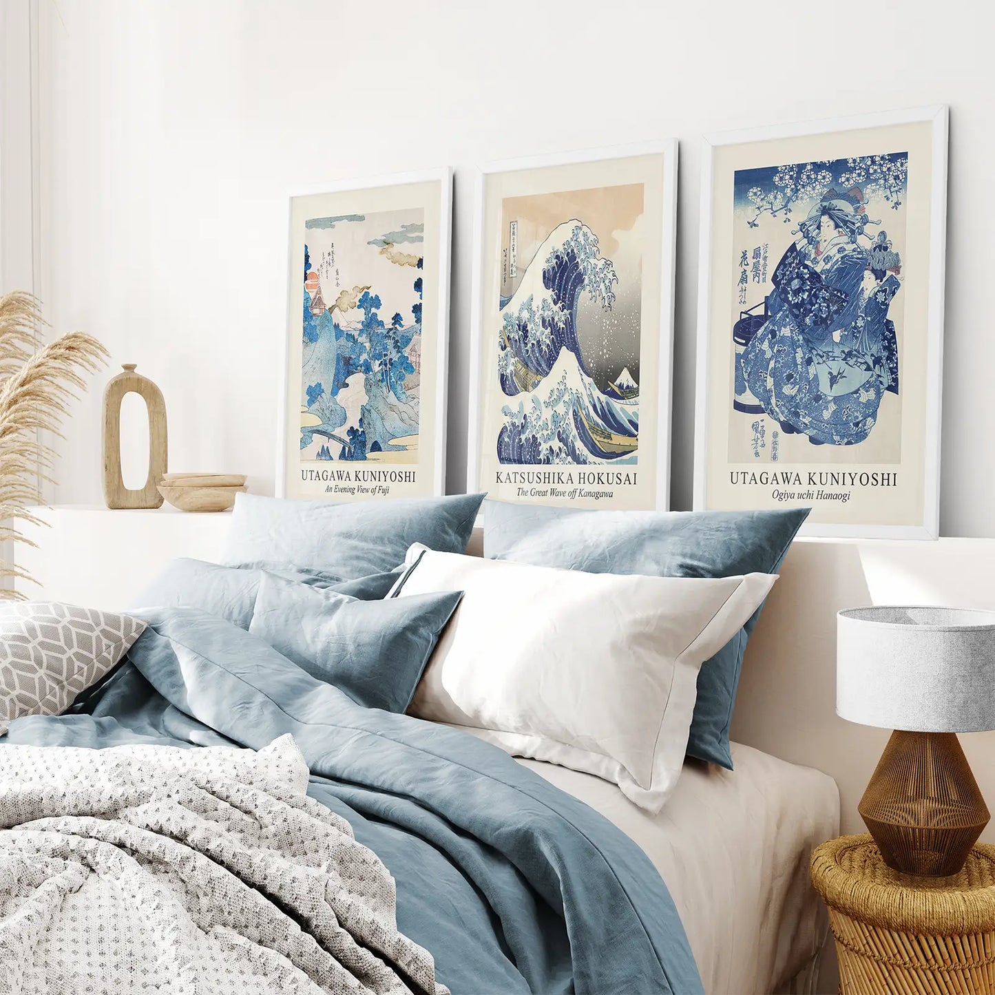 Colorful Japanese Hokusai Nautical Wall Art Poster. White Frames for Bedroom.