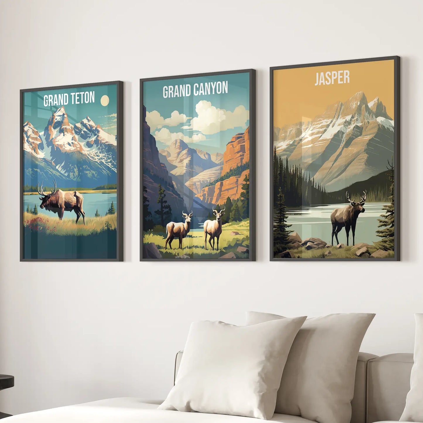 Nature landscape vintage travel prints. Modern room decor. Black frames above the sofa.
