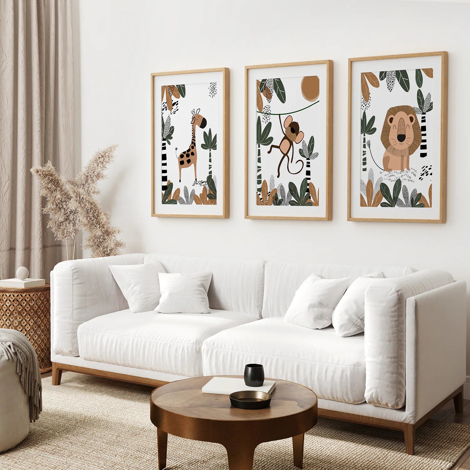 Cute Animals Art Set. Thin Wood Frames with Mat for Living Room.