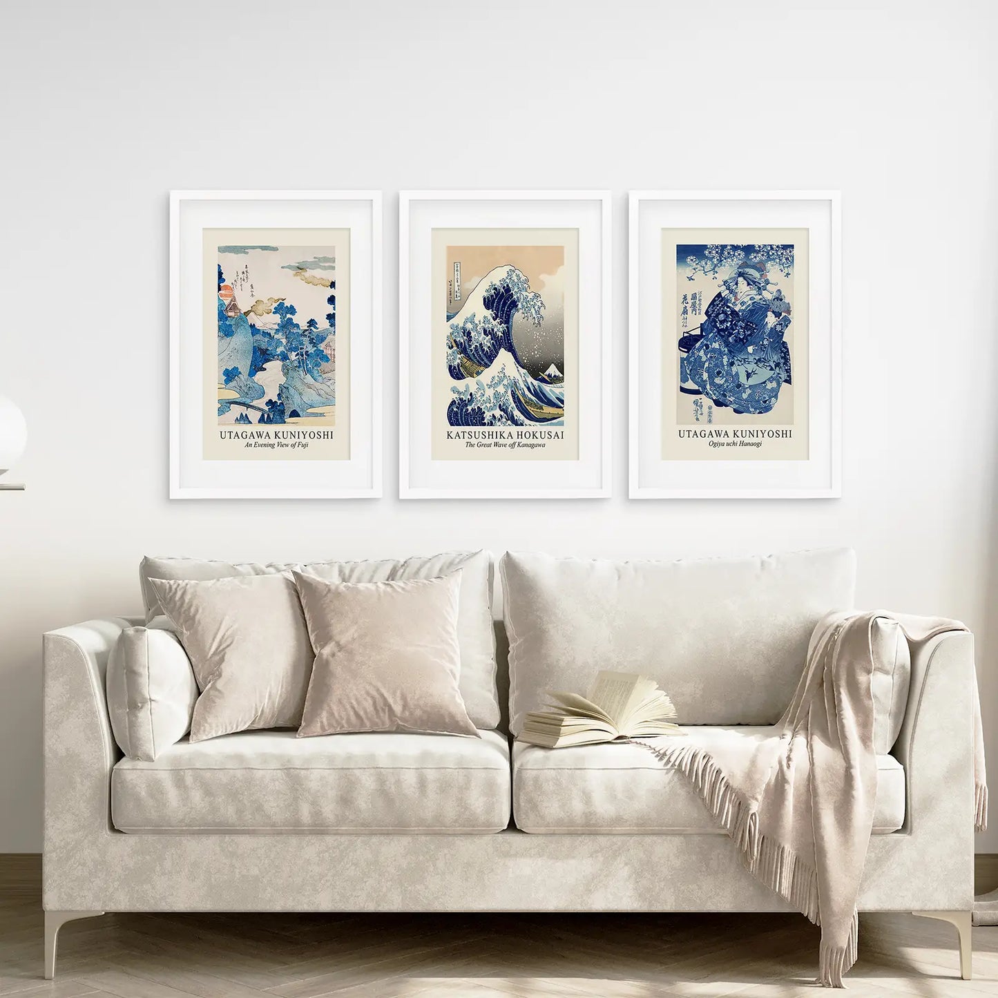 Katsushika Hokusai Kanagawa Wave Art Decor Set. White Frames with Mat Over the Coach.