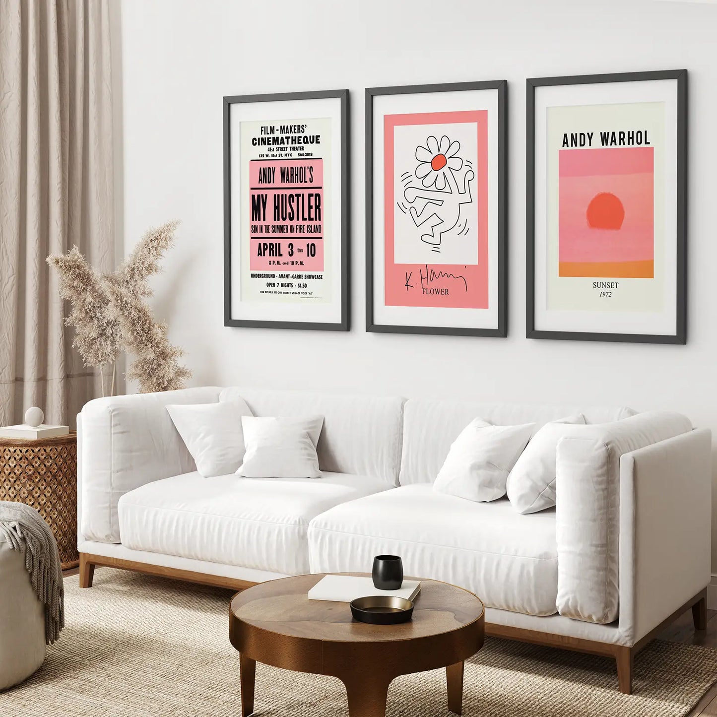 Andy Warhol Sunset Large Prints for Living Room. Black Frames with Mat Over the Coach.