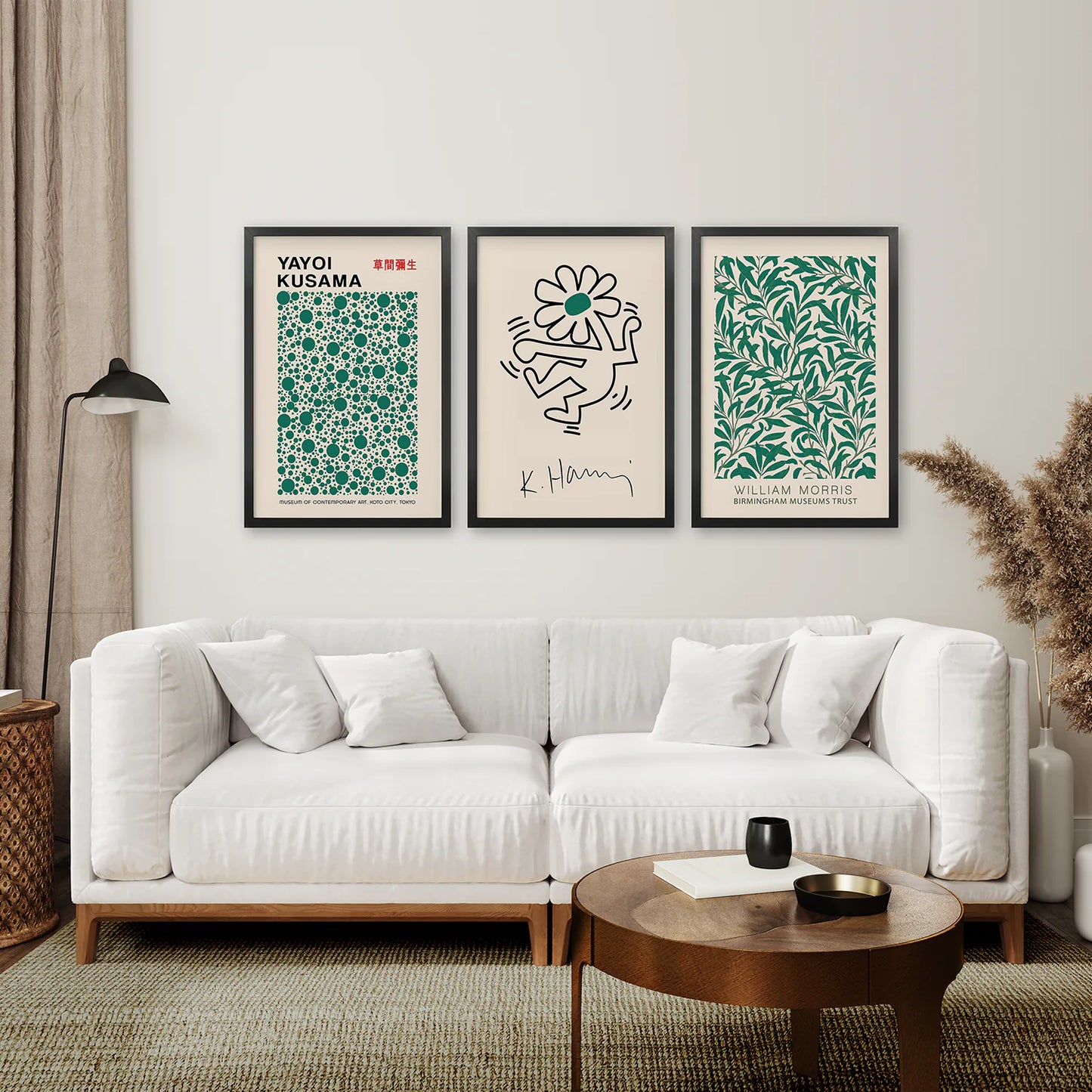 William Morris,Keith Haring Poster Set. Black Frames Above the Sofa.