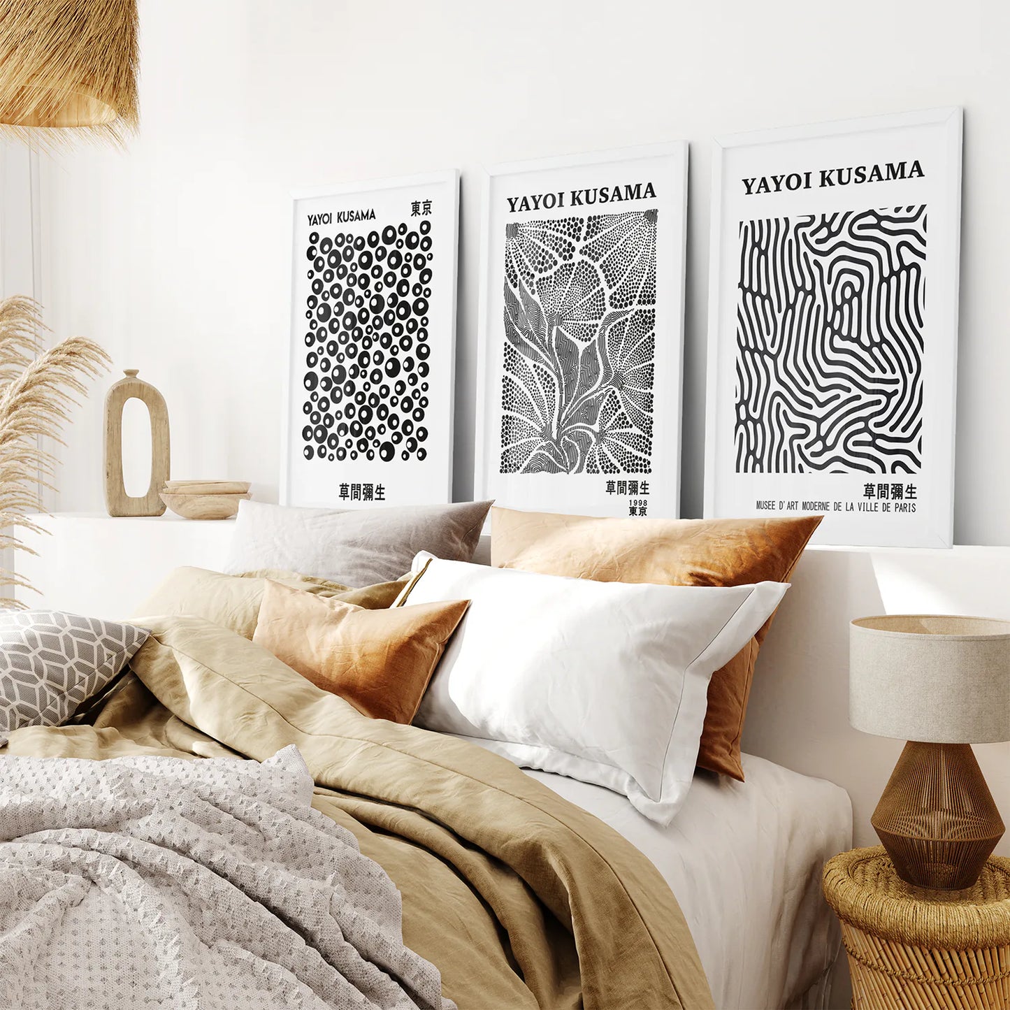 Yayoi Kusama Black White Modern Wall Art. White Frames for Bedroom.