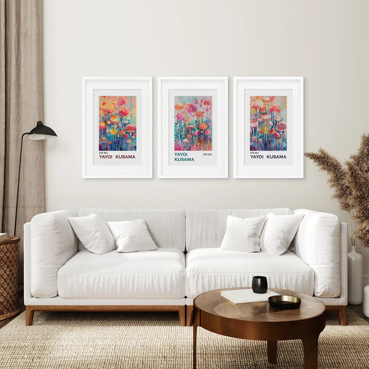 Yayoi Kusama Colorful Gallery Art Print Set. White Frames with Mat Over the Couch.