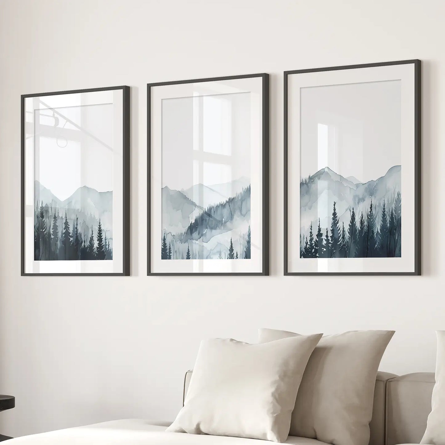 Watercolor Modern Nature Room Decor Print Set. Black Frames with Mat Above the Sofa.