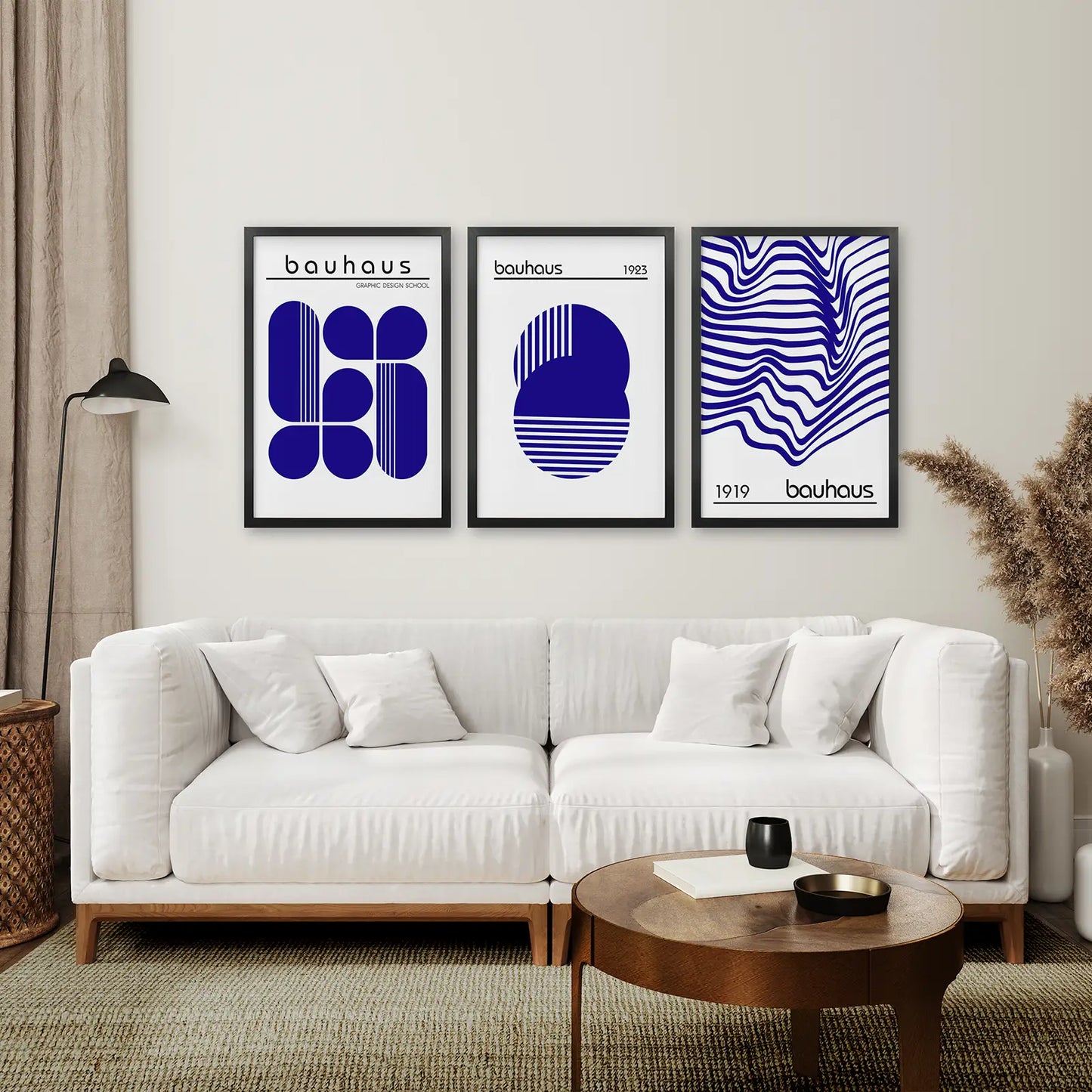 Bauhaus Exhibition Poster Modern Wall Art. Black Frames Overt the Coach.