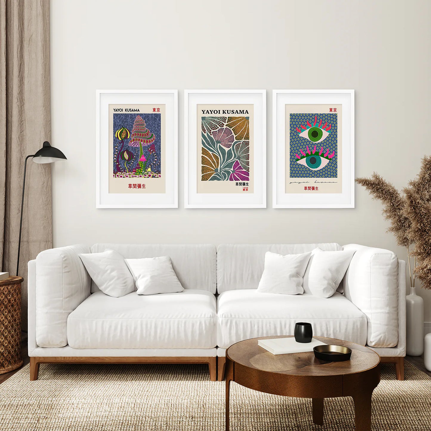 Yayoi Kusama Mushrooms Trendy Wall Art Poster. White Frames with Mat for Living Room.