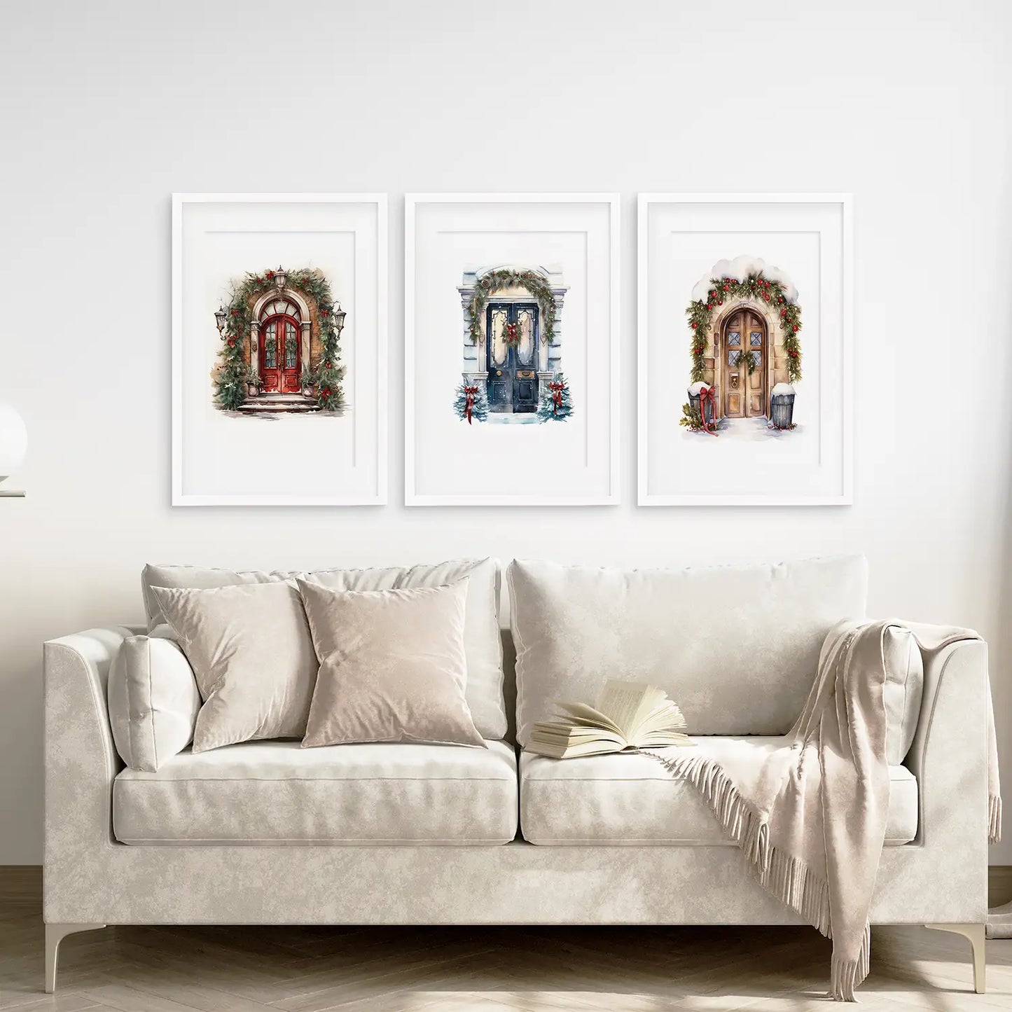 Xmas Theme Wall Art Trendy Holiday Decor. White Frames with Mat for Living Room.