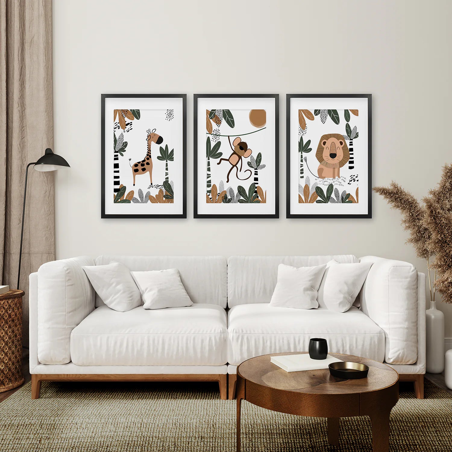 Boho Nursery Posters Set. Black Frames With Mat Over The Coach.