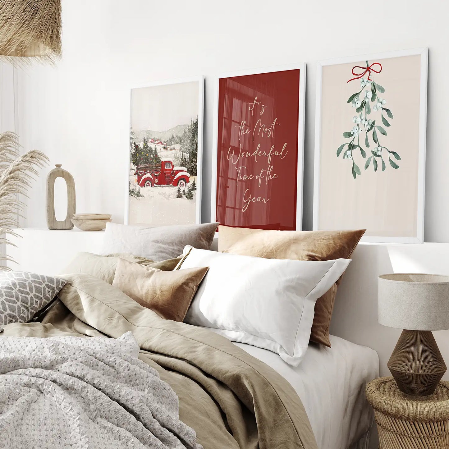 Christmas Red Print Art Decor Set of 3 Piece. White Frames for Bedroom.