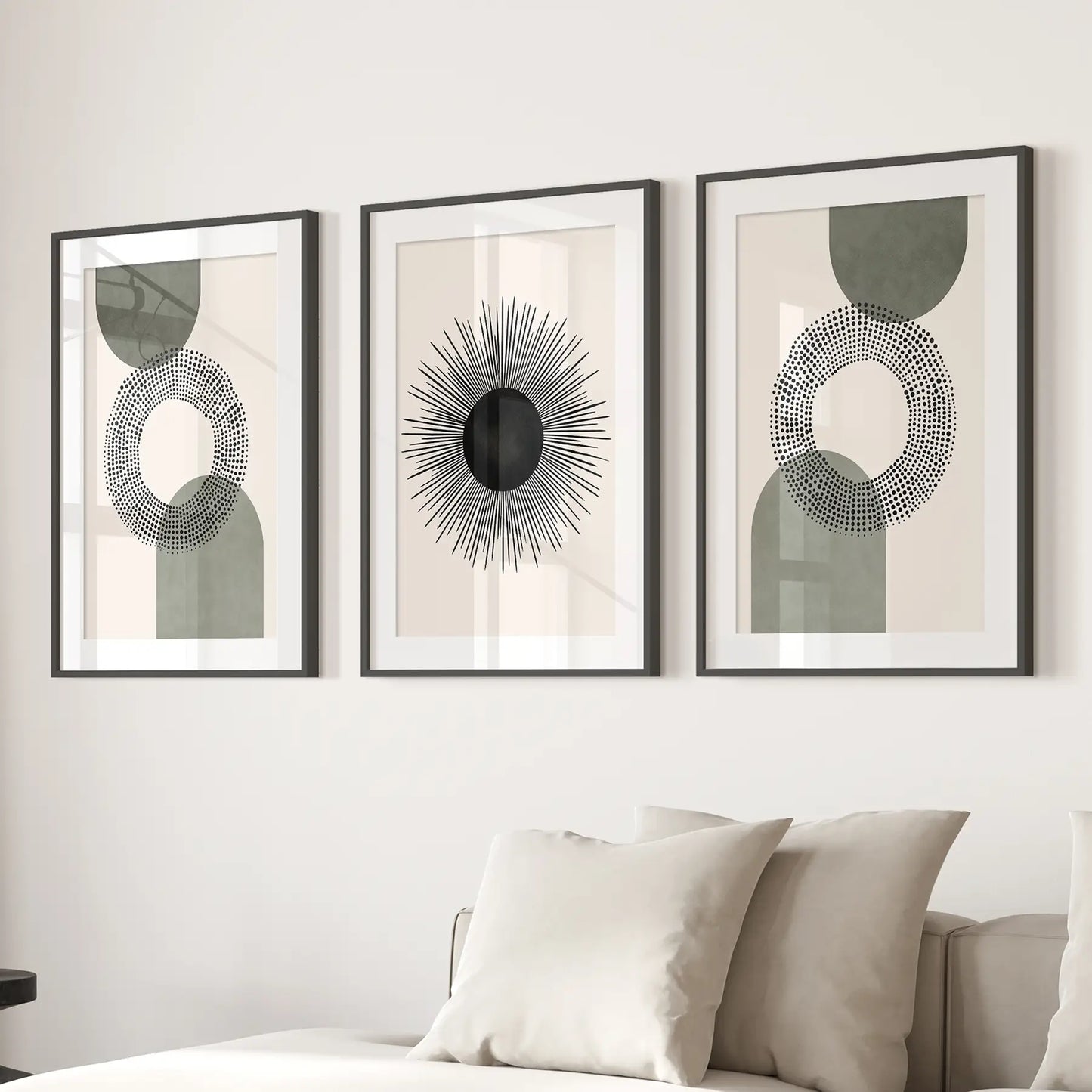 Boho Style Prints Trendy Large Wall Art Decor Set. Black Frames with Mat Over the Couch.