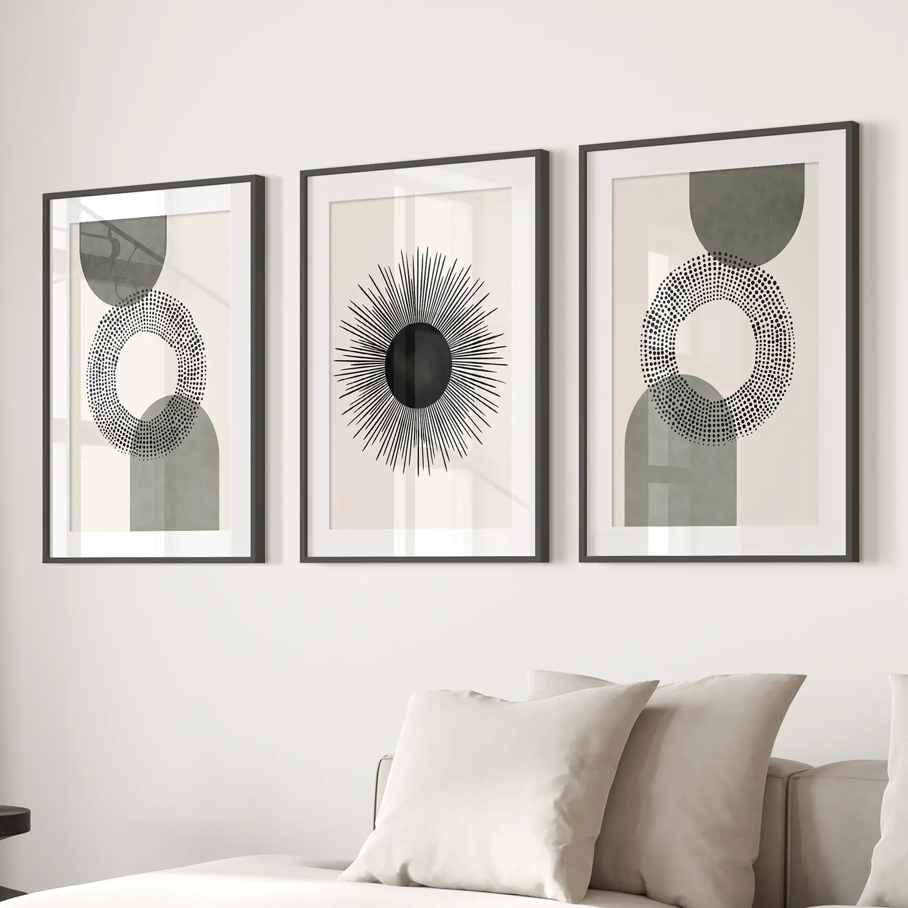 Boho Style Prints Trendy Large Wall Art Decor Set. Black Frames with Mat Over the Couch.