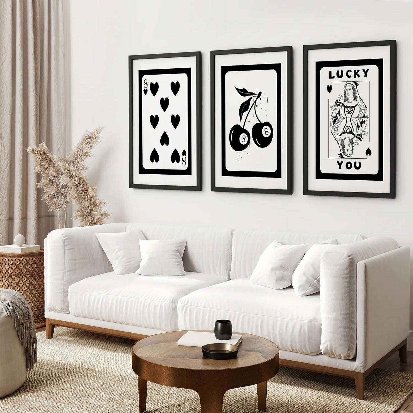 Retro Print Set of 3. Framed Funky Set. Black Frames with Mat for Living Room.