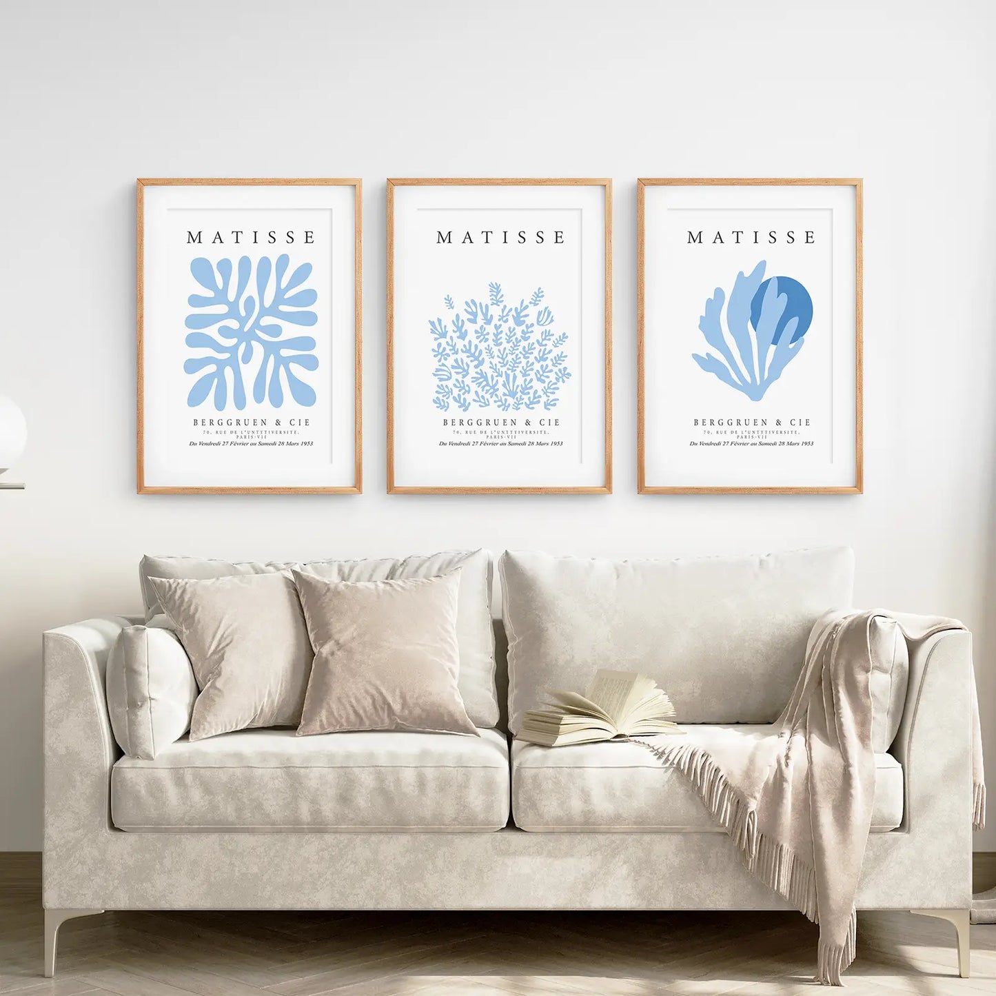 Blue Neutral Prints Bedroom Art Prints Decor. Thinwood Frames with Mat Over the Coach.