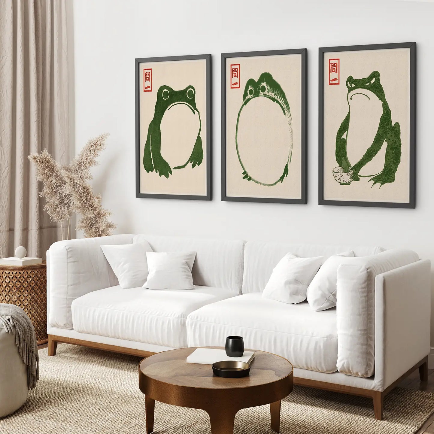 Modern Japandi Wall Art Ukiyo-e Frog. Black Frames Above the Sofa.