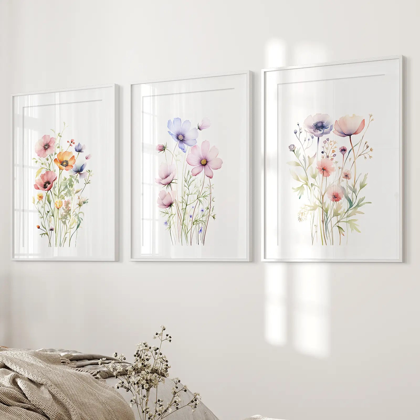 Flower artwork gift for girls wall art. White frames with mat above the bed.