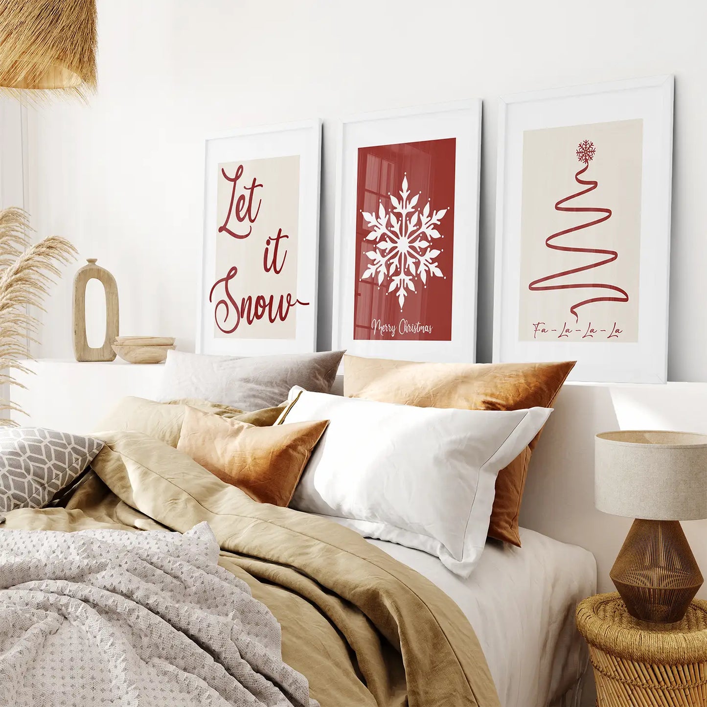 Christmas Printable Wall Art Poster. White Frames Over the Bed.