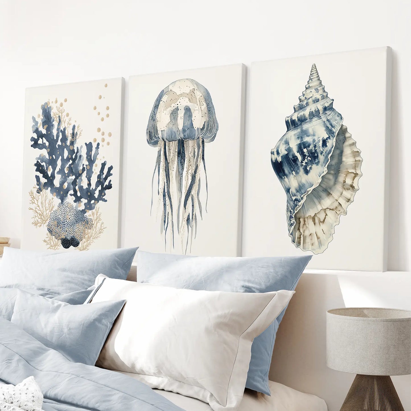 Watercolor nautical marine wall decor. Beach house bathroom artwork. Wrapped canvas for bedroom.