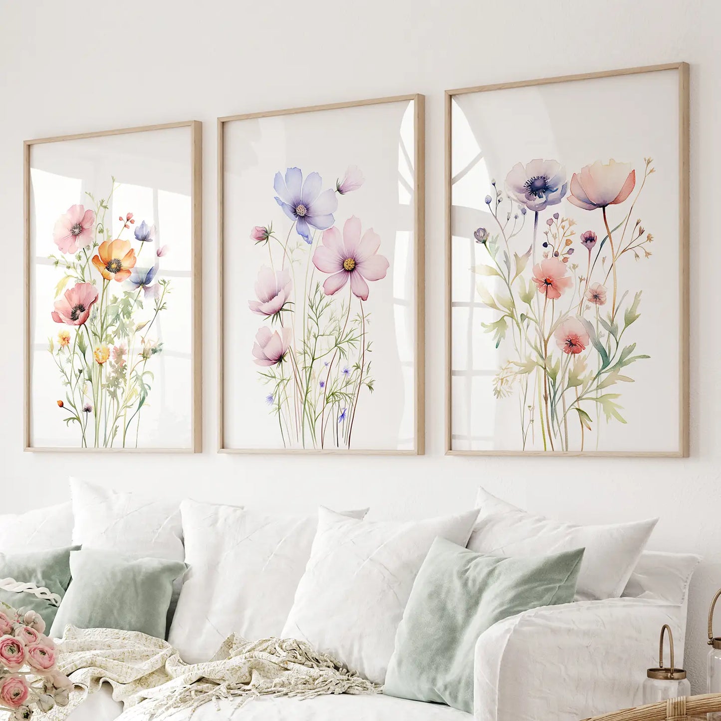 Plant Art Prints Watercolor Modern Wall Decor Set. Thinwood Frames Above the Sofa.