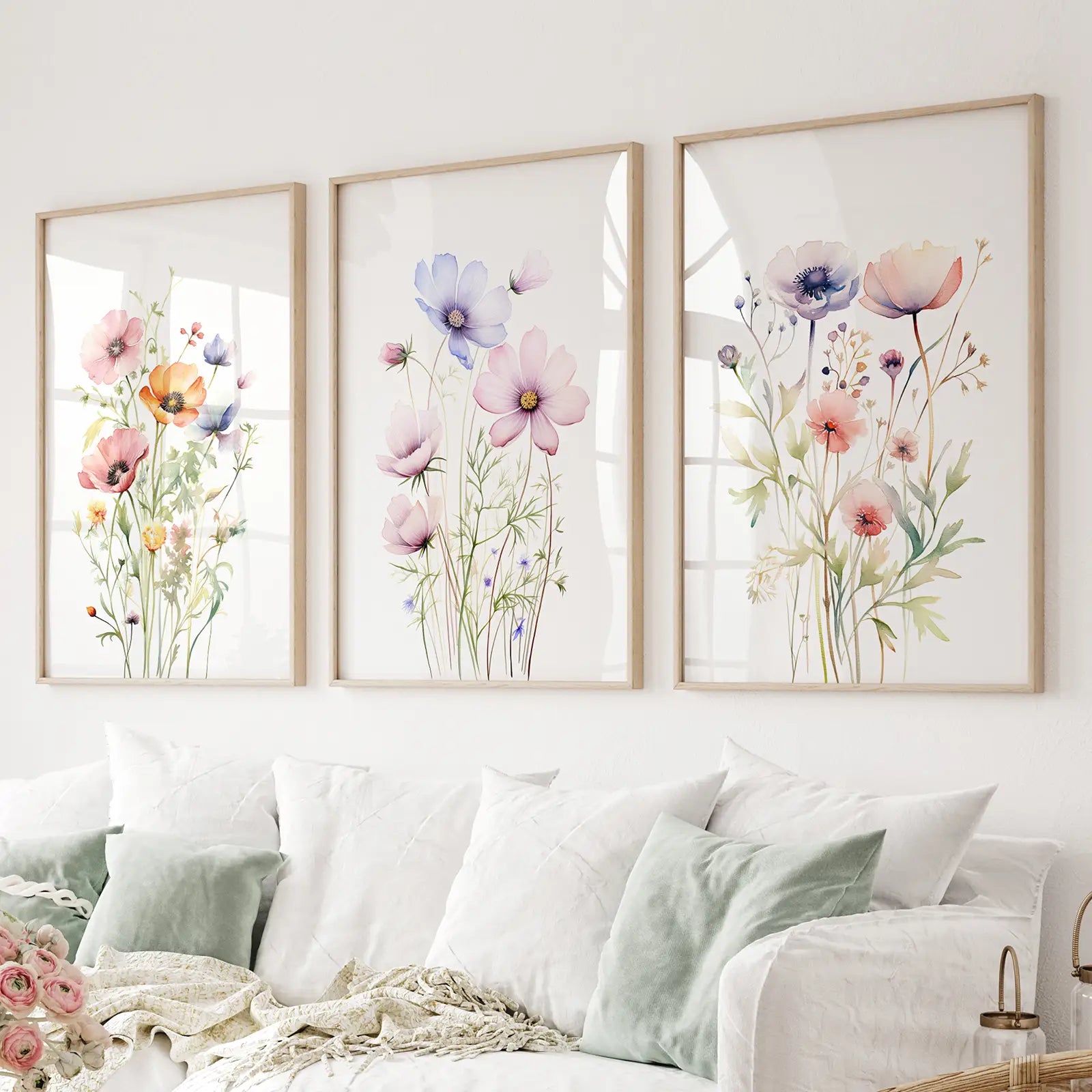 Plant Art Prints Watercolor Modern Wall Decor Set. Thinwood Frames Above the Sofa.