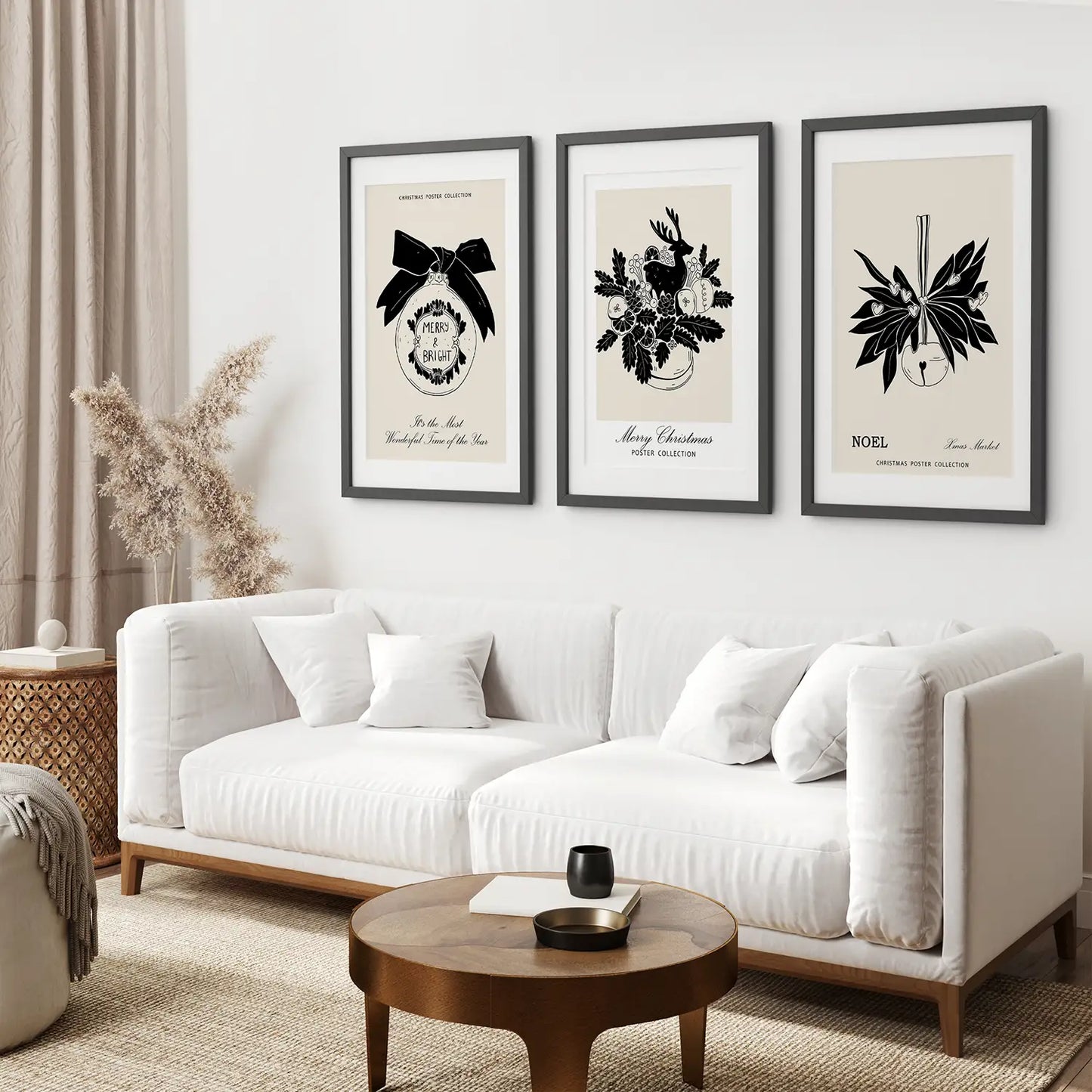 Modern Xmas Home Decor Wall Art. Black Frames with Mat for Living Room.