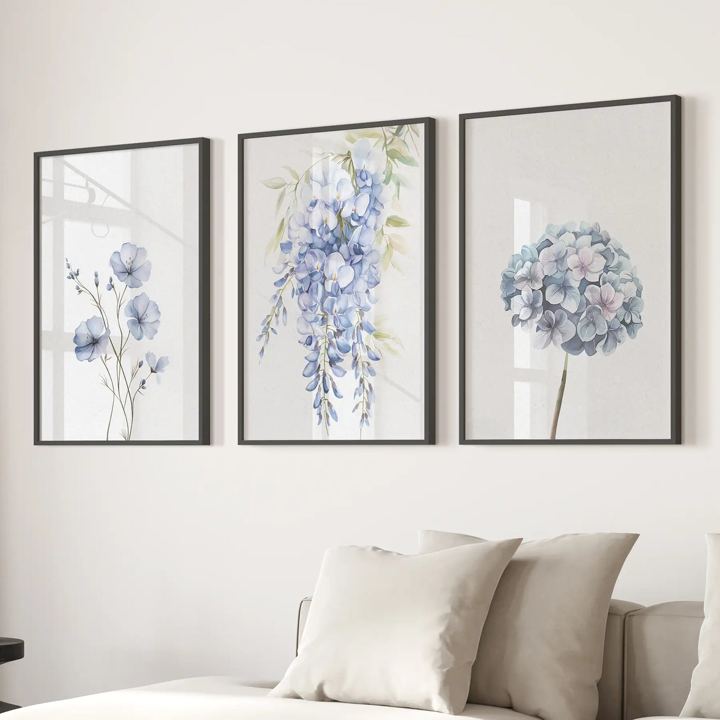 Set Of 3 Blue Watercolor Botanical Room Decor Prints. Black Frames for Living Room.