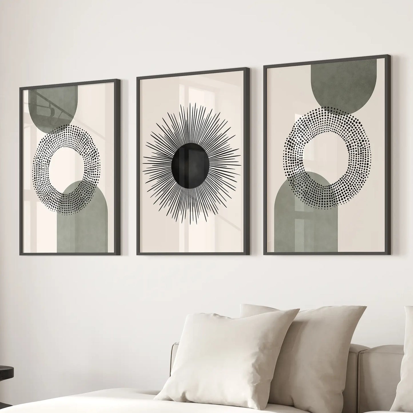 Minimalist Geometric Trendy Home Decor Prints. Black Frames  Above the Sofa.