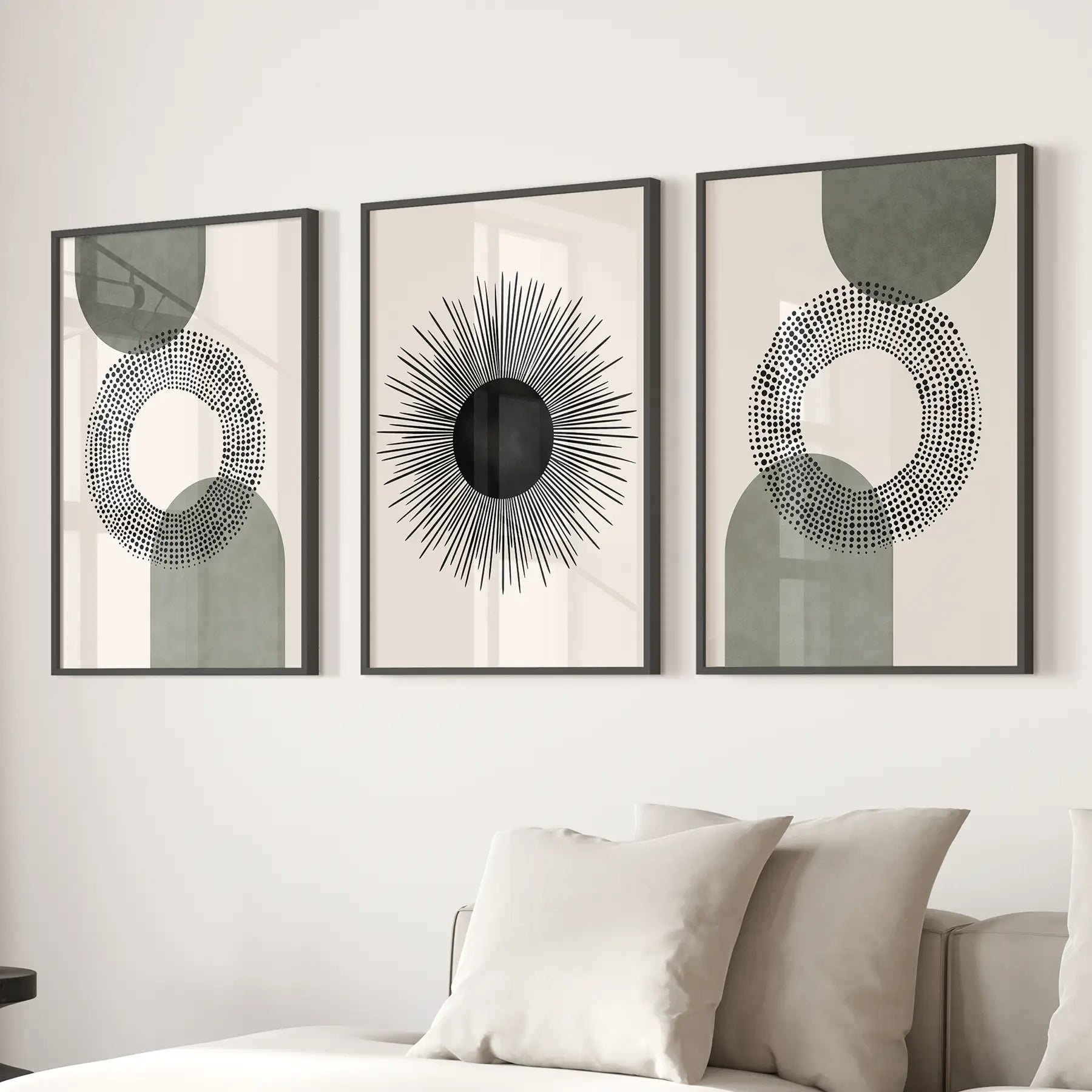 Minimalist Geometric Trendy Home Decor Prints. Black Frames  Above the Sofa.