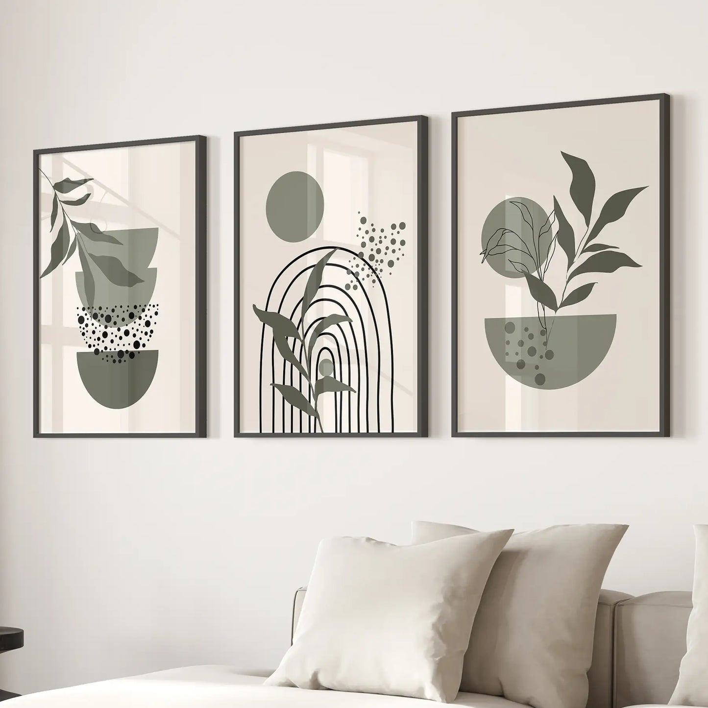 Wall decor art print set abstract modern posters. Black frames for living room.